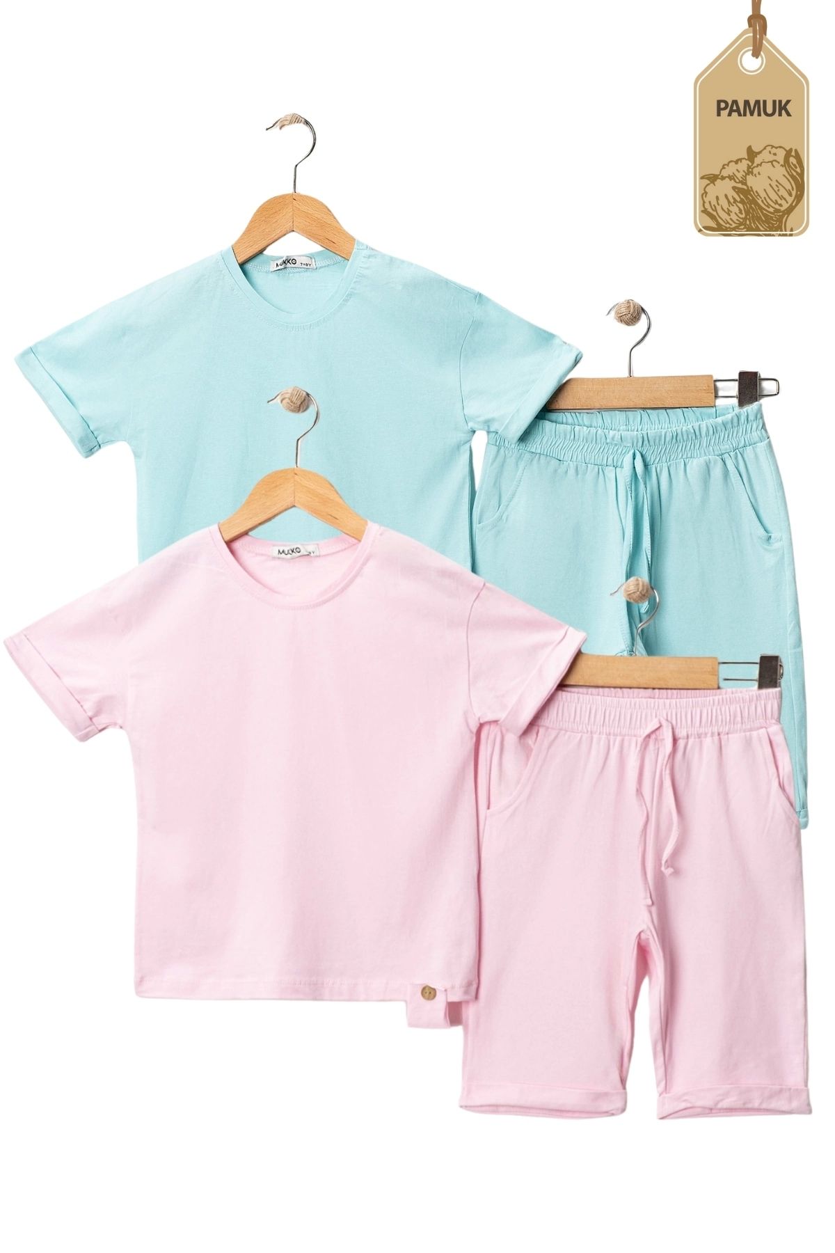 MK Mukko Kids Kız Erkek Çocuk 2'Li Set Tahta Düğmeli Tasarım Basic Yazlık Alt Üst Takım (Pudra Mint)