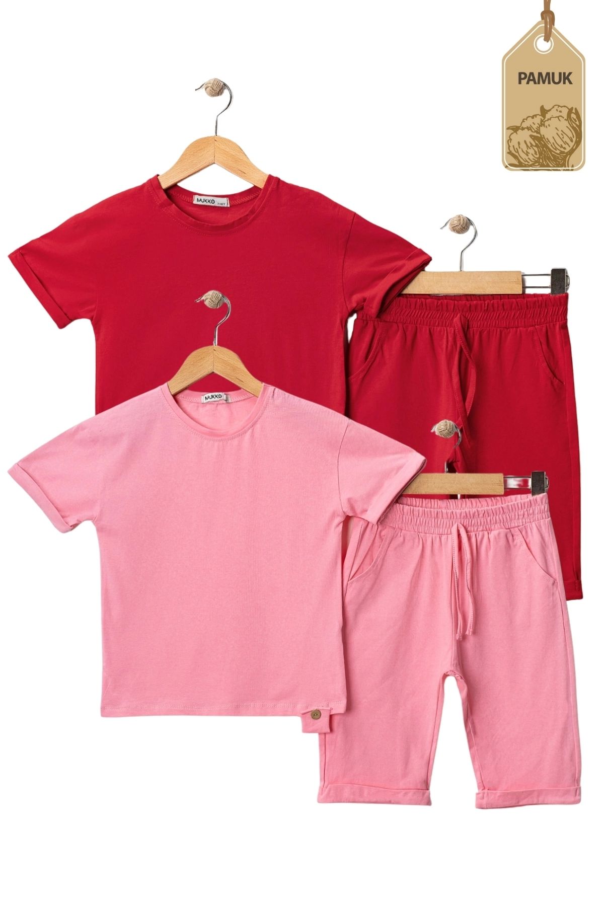 MK Mukko Kids Kız Erkek Çocuk 2'Li Set Tahta Düğmeli Tasarım Basic Yazlık Alt Üst Takım (Pembe Kırmızı)