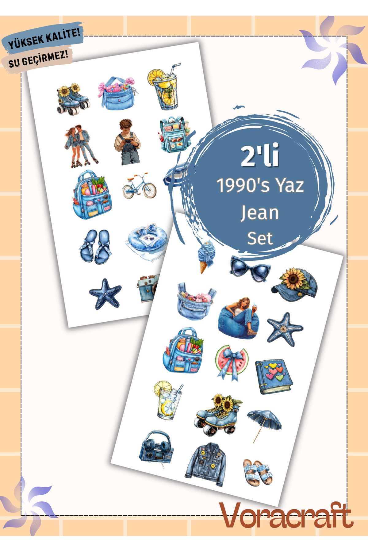 VORACRAFT 2'li 1990's Yaz Jean Ajanda Bullet Journal, Telefon, Laptop Set A059