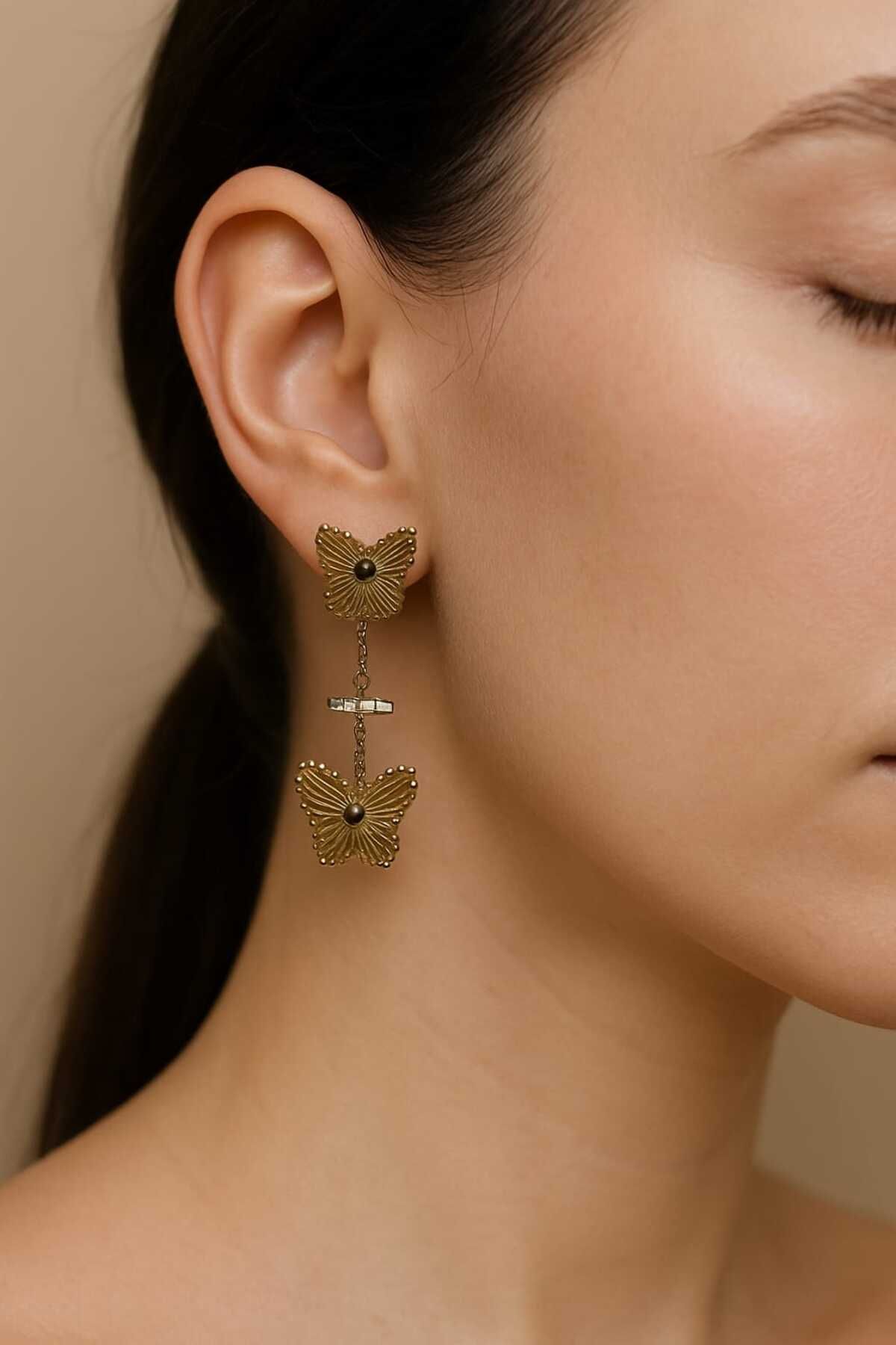 CLOVER JEWELRY İkili Kelebek Tasarım Çelik Küpe