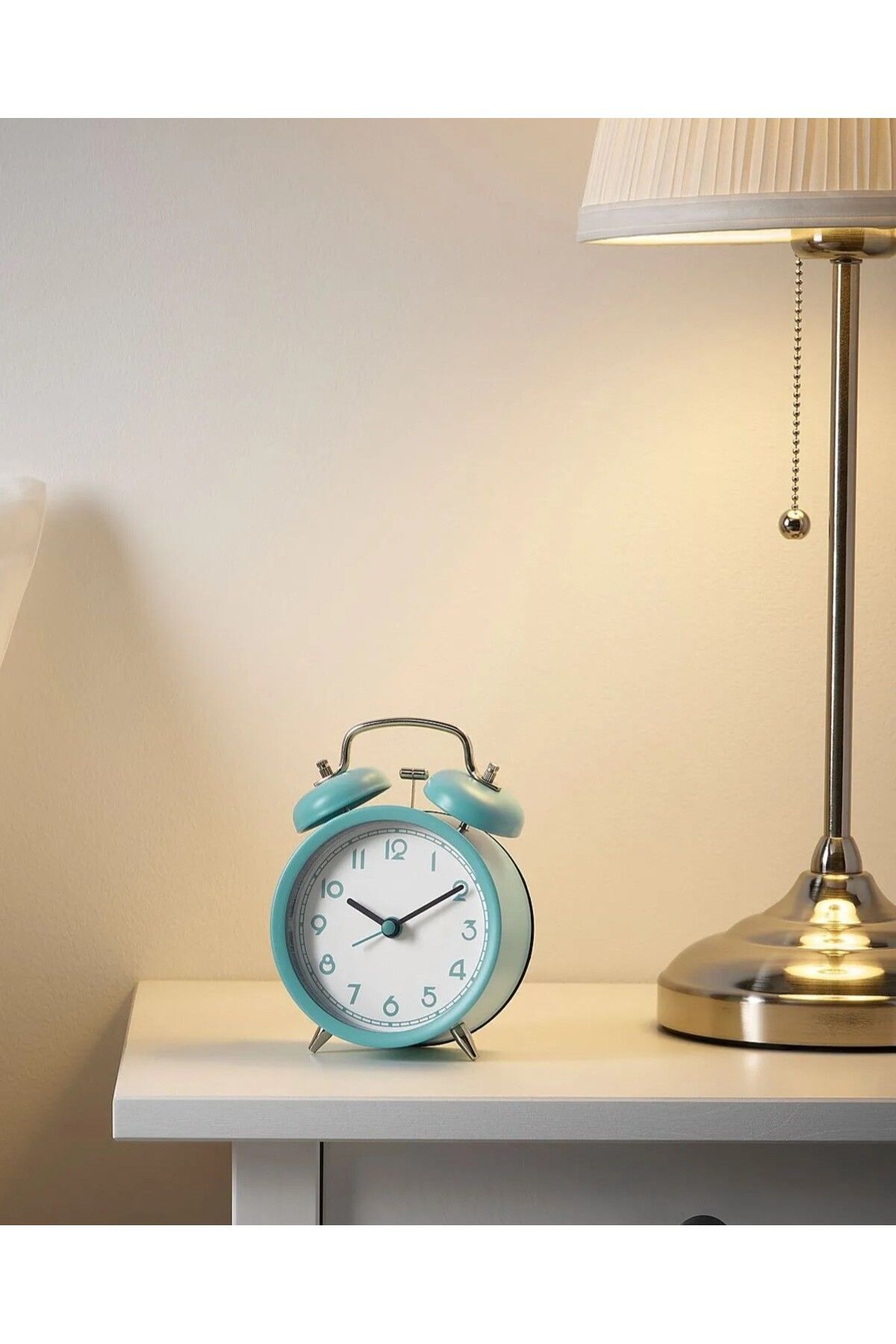 IKEA KALİTELİ Nostaljik Çalar Saat Çap 10 Cm İkea Masa Saati Mavi Renk Yükseklik 14 Cm Çelik Saat