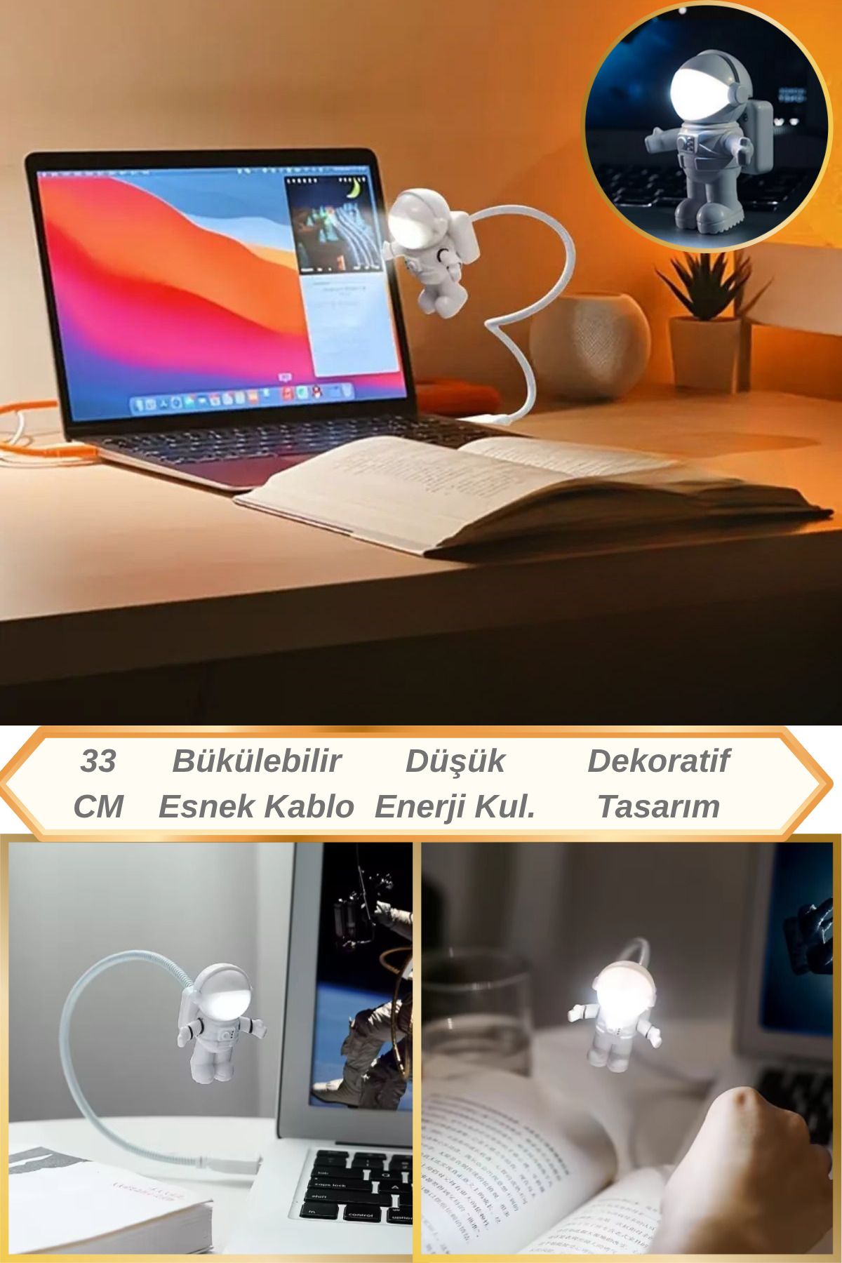 Hane Dostu 33 Cm Esnek Bükülebilir Astronot Tasarım USB Gece Lamabası | Okuma Lambası