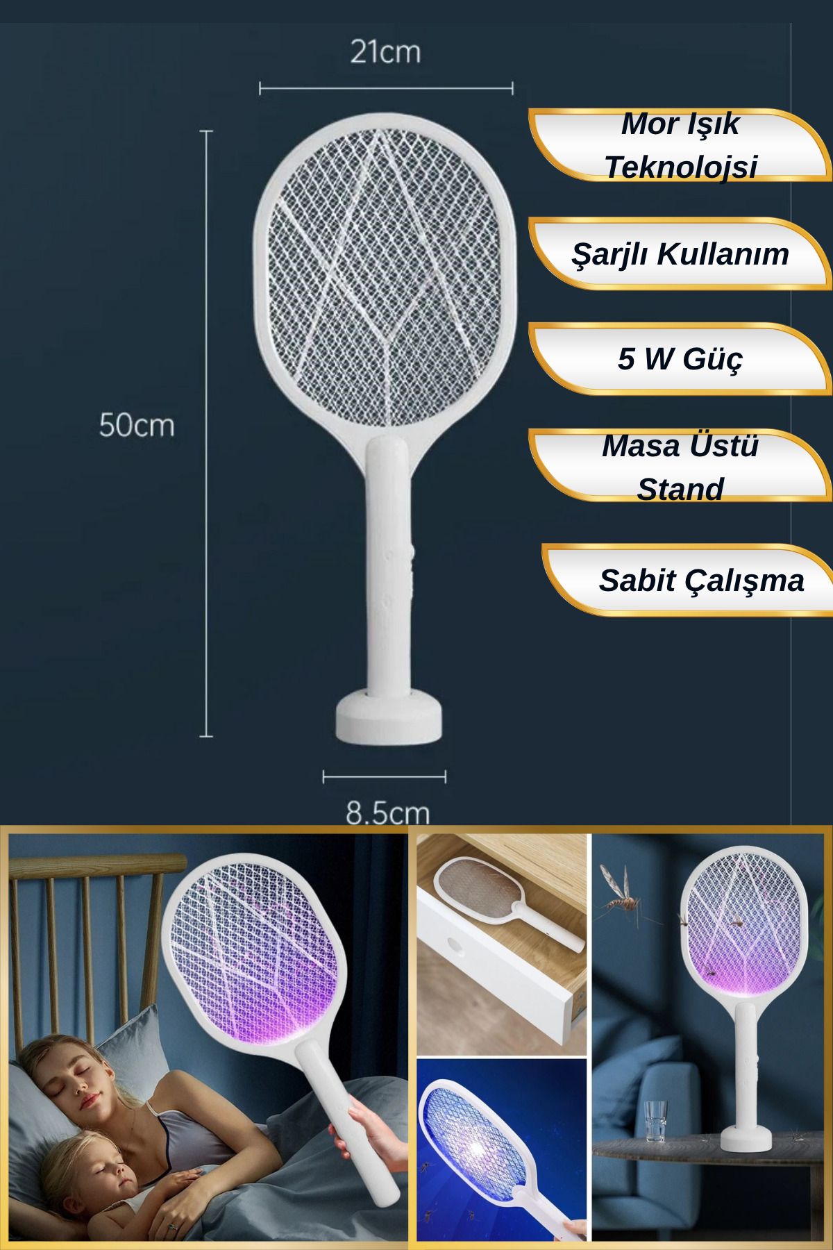Hane Dostu 50 Cm 5 W Mor Işık Teknolojisi | Ergonomik Tasarım Şarjlı Sinek Öldürücü Raket