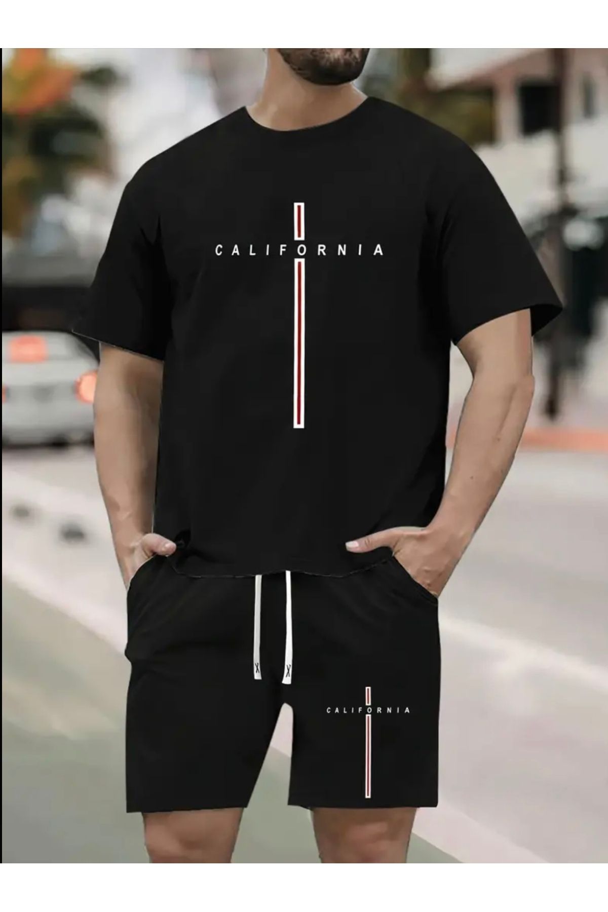 PUNIX BÜYÜK BEDEN ÖZEL TASARIM DİKEY CALİFORNİA BASKILI MODERN BATTAL ERKEK T-SHIRT ŞORT TAKIMI