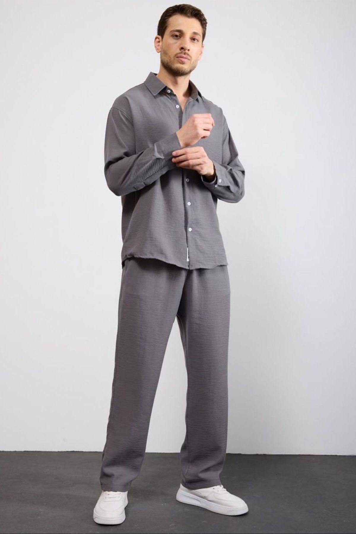 thesunfyre Erkek Keten Relaxed Fit Baggy Pantolon ve Uzun Kollu Oversize Gömlek Alt Üst Takım
