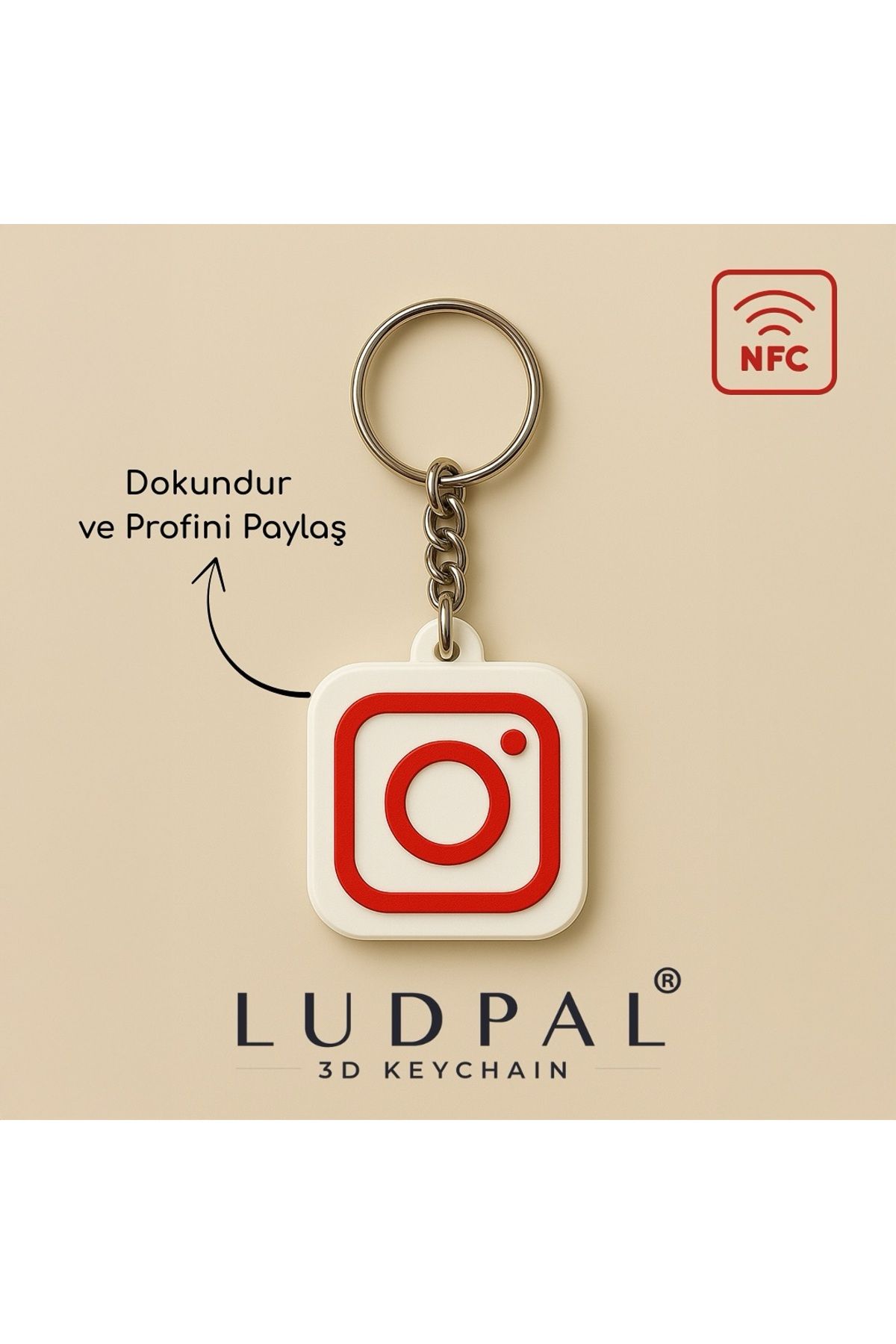 ludpal NFC Destekli Kişiye Özel 3D Instagram Anahtarlık | Kırmızı Beyaz