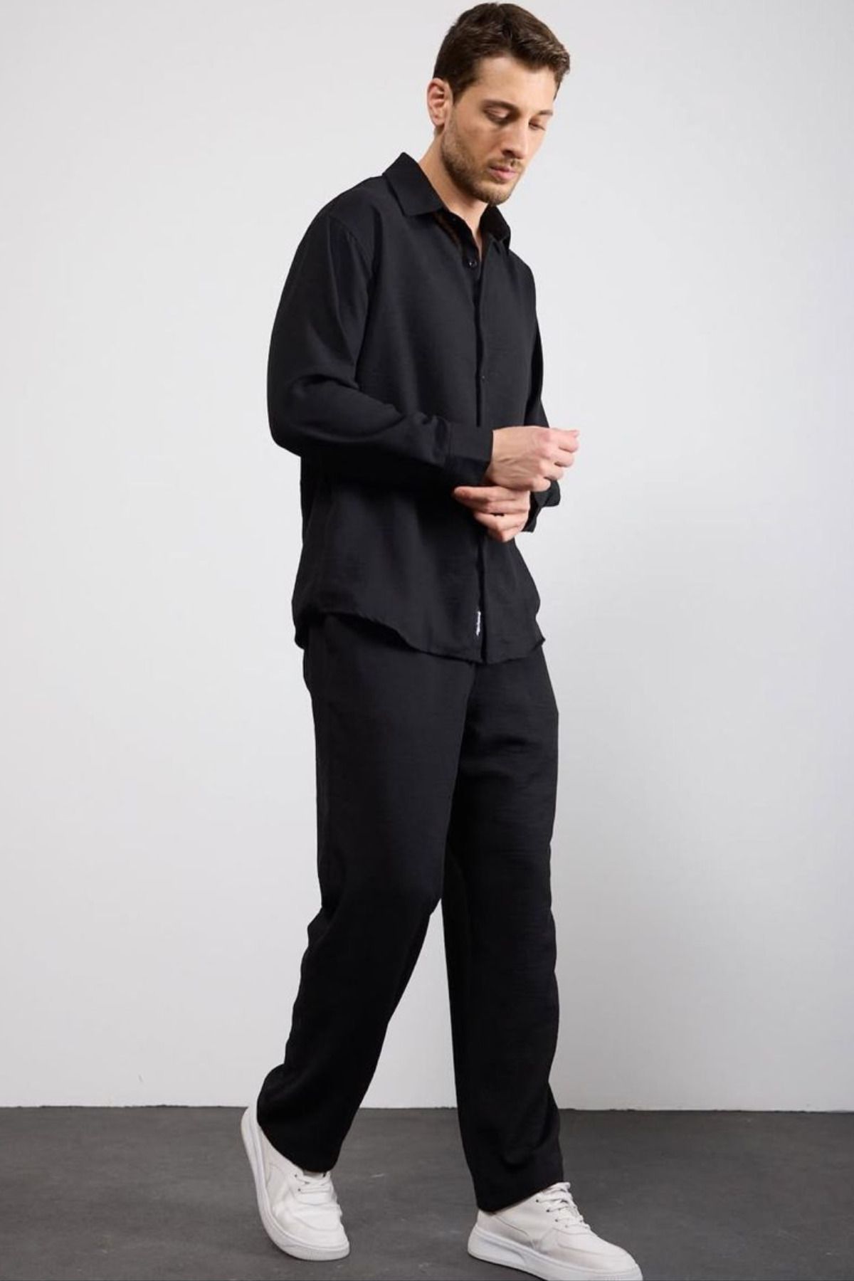 thesunfyre Erkek Keten Relaxed Fit Baggy Pantolon ve Uzun Kollu Oversize Gömlek Alt Üst Takım