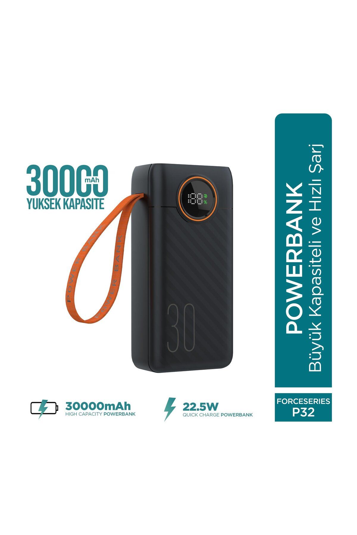 Phixi Force P32 30000mAh 22.5W Hızlı Şarj Cihazı - Dahili Kablolu - Taşınabilir Şarj Cihazı