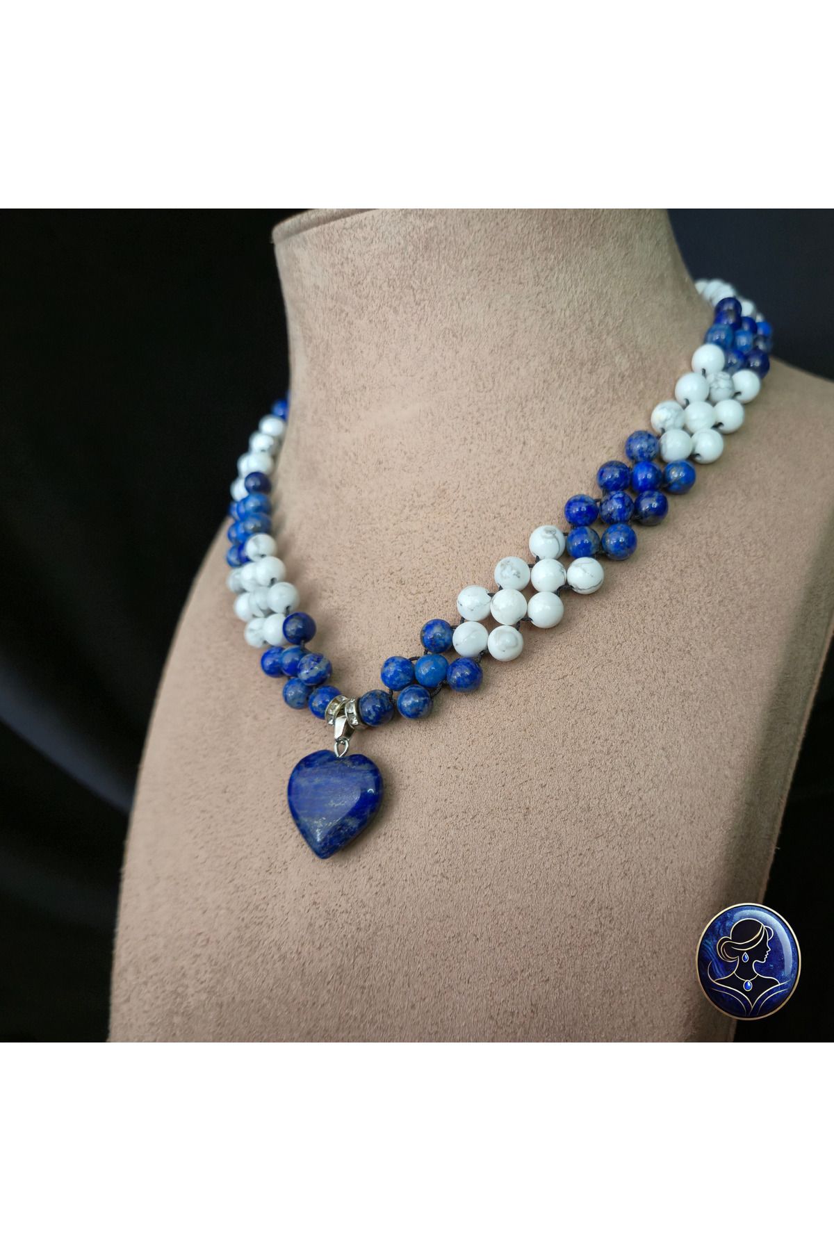 Lapisya Doğal Taş A Kalite Lapis Lazuli ve Havlit Doğal Taş Örgü Detaylı Lapis Lazuli Kalp Uçlu Kadın Kolye