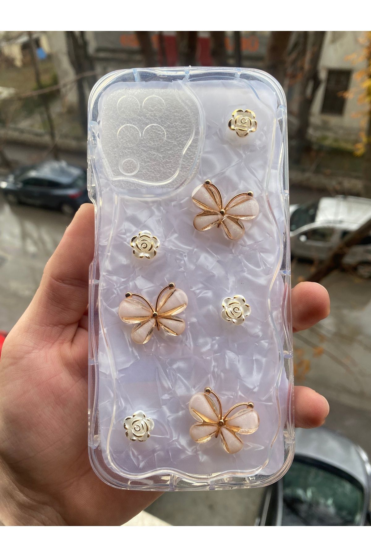 Rivor Samsung Galaxy A22 & M22 & M32 Kılıf 5D Kabartmalı Kelebek Çiçek Desenli Kenarları Şeffaf Kapak