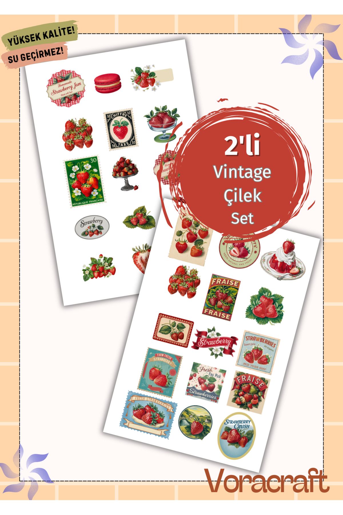 VORACRAFT 2'li Vintage Çilek Ajanda Bullet Journal Telefon, Laptop Set A061