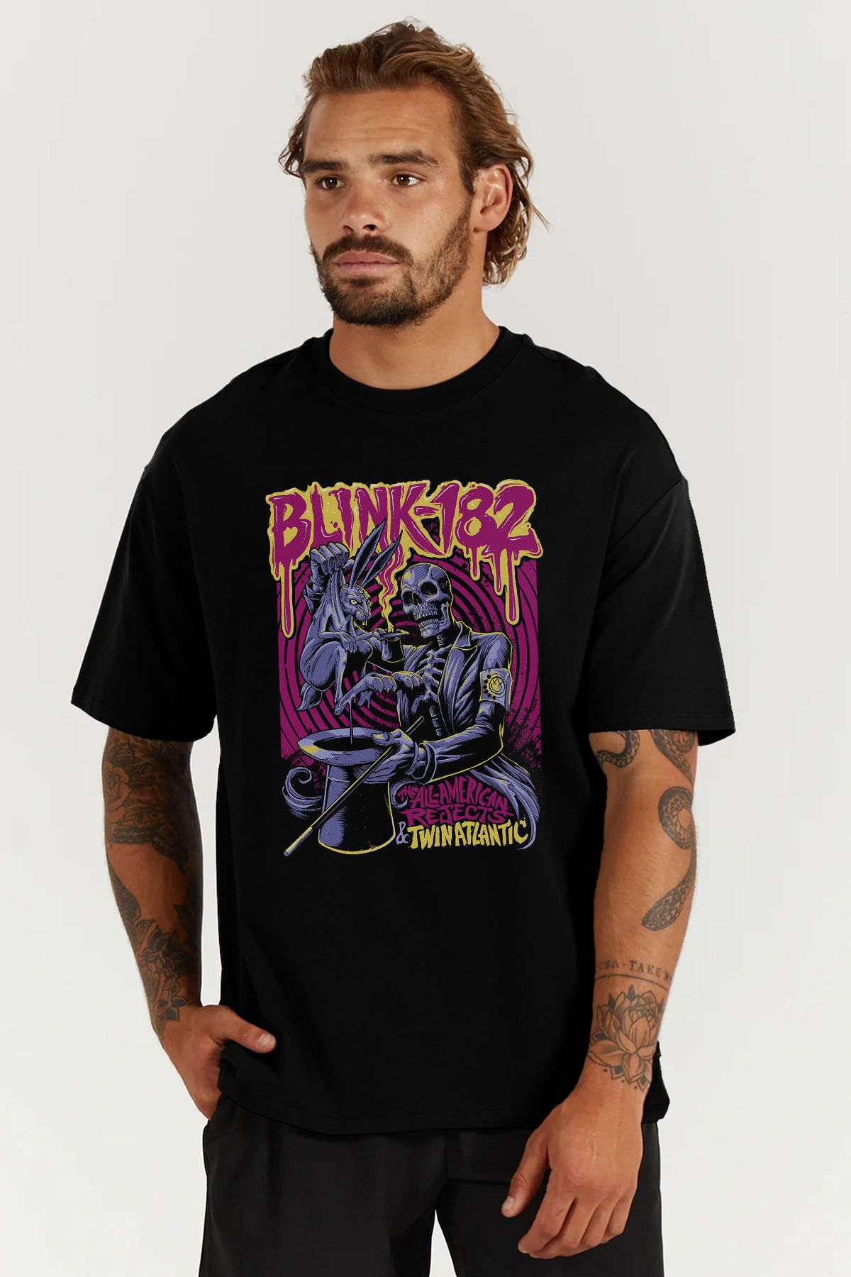 MODA Blink 182 Pop Punk Rock Baskılı Oversize Kalıp Siyah Geniş Bol Kesim Erkek Tişört