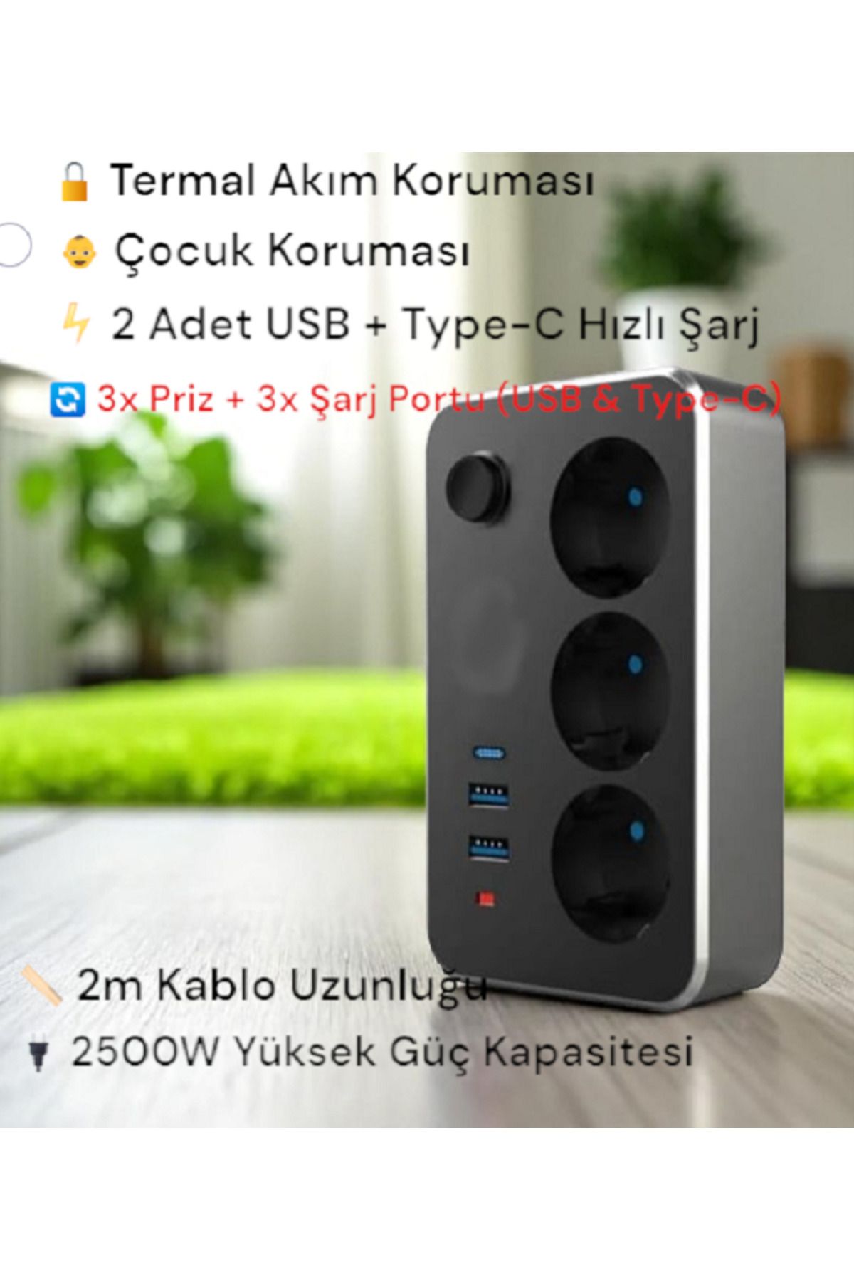 Kılıforyum Termal Akım Korumalı 3'lü Priz – 2x USB + 1x Type-C – 2m Kablo – 2500W - Çocuk Koruması