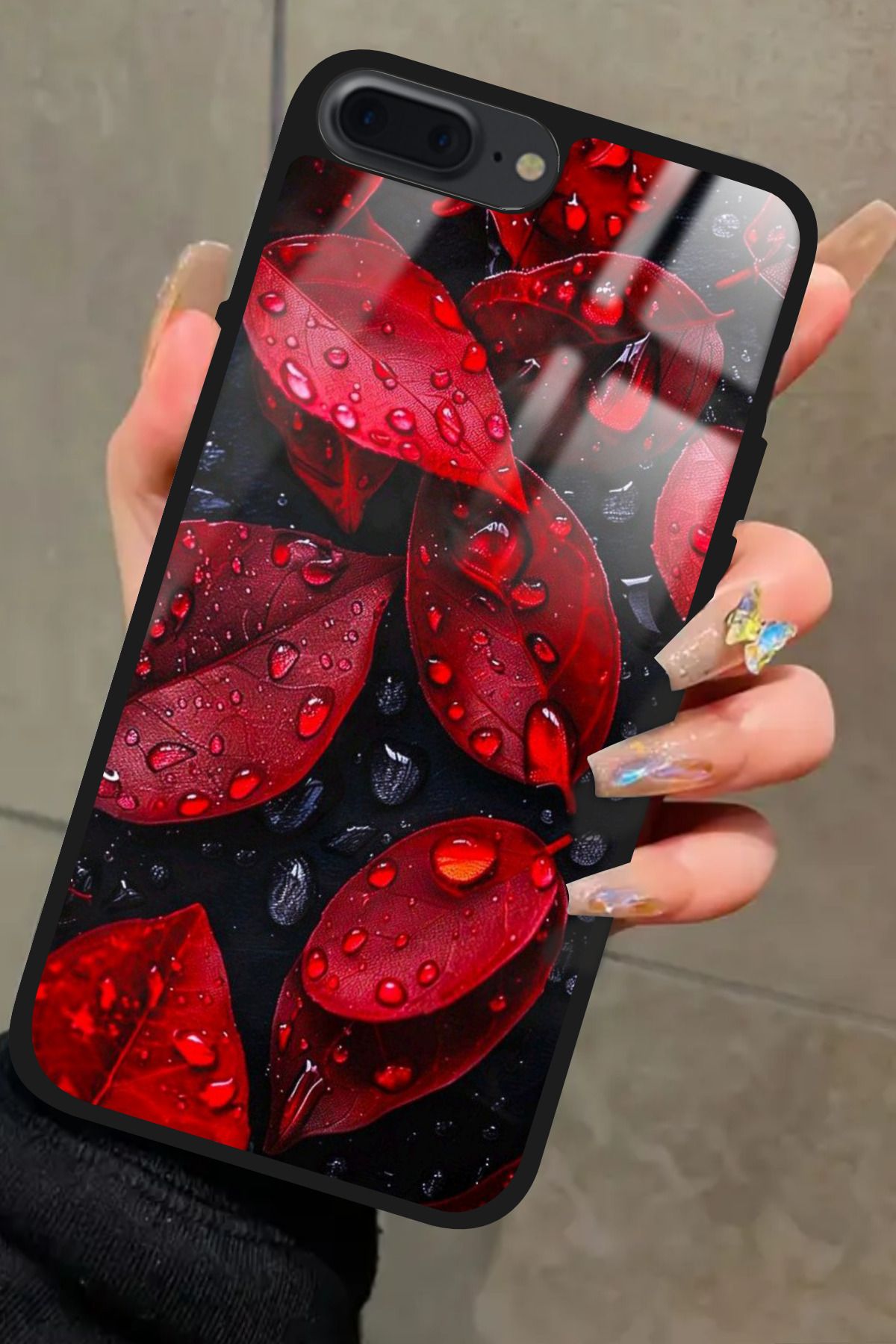 Snacase iPhone 7 Plus Uyumlu Kırmızı Yaprak Tasarımlı Glossy Premium Kılıf