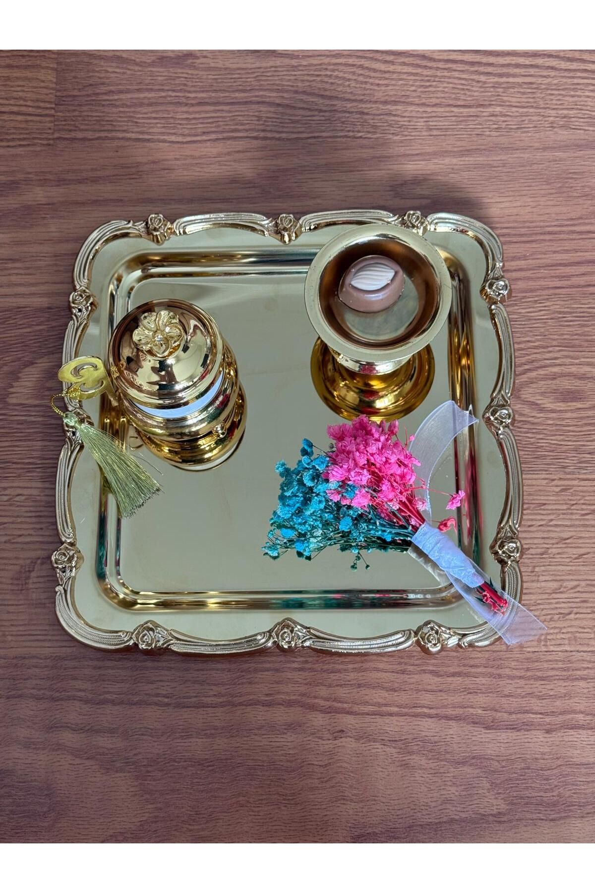 MODERN Gold Kaplama Ekstra Kalın İkili Dikdörtgen Söz Tepsi Nişan Tepsi Damat Kahve Tepsi