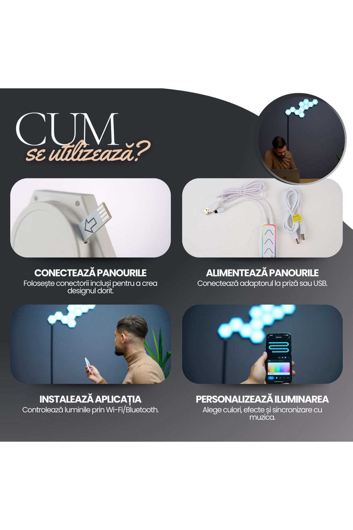 Vittalist-Kit LED inteligent RGBIC cu 15 panouri WiFi Bluetooth compatibil cu iOS, Android, Alexa, Google, Tuya 5