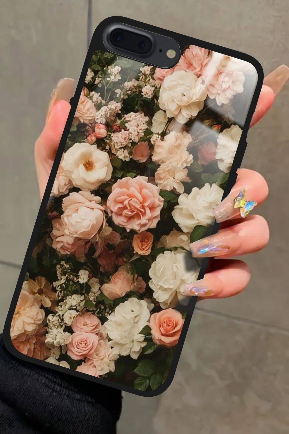 Snacase iPhone 8 Plus Uyumlu Pembe Çiçek Tasarımlı Glossy Premium Kılıf