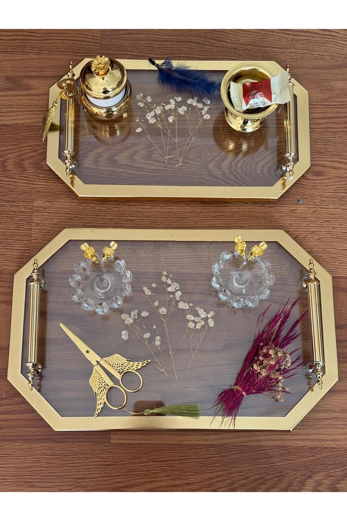 MODERN Sırmalı Aynalı GOLD İkili Altıgen Söz Tepsi Nişan Tepsi Damat Kahve Tepsi