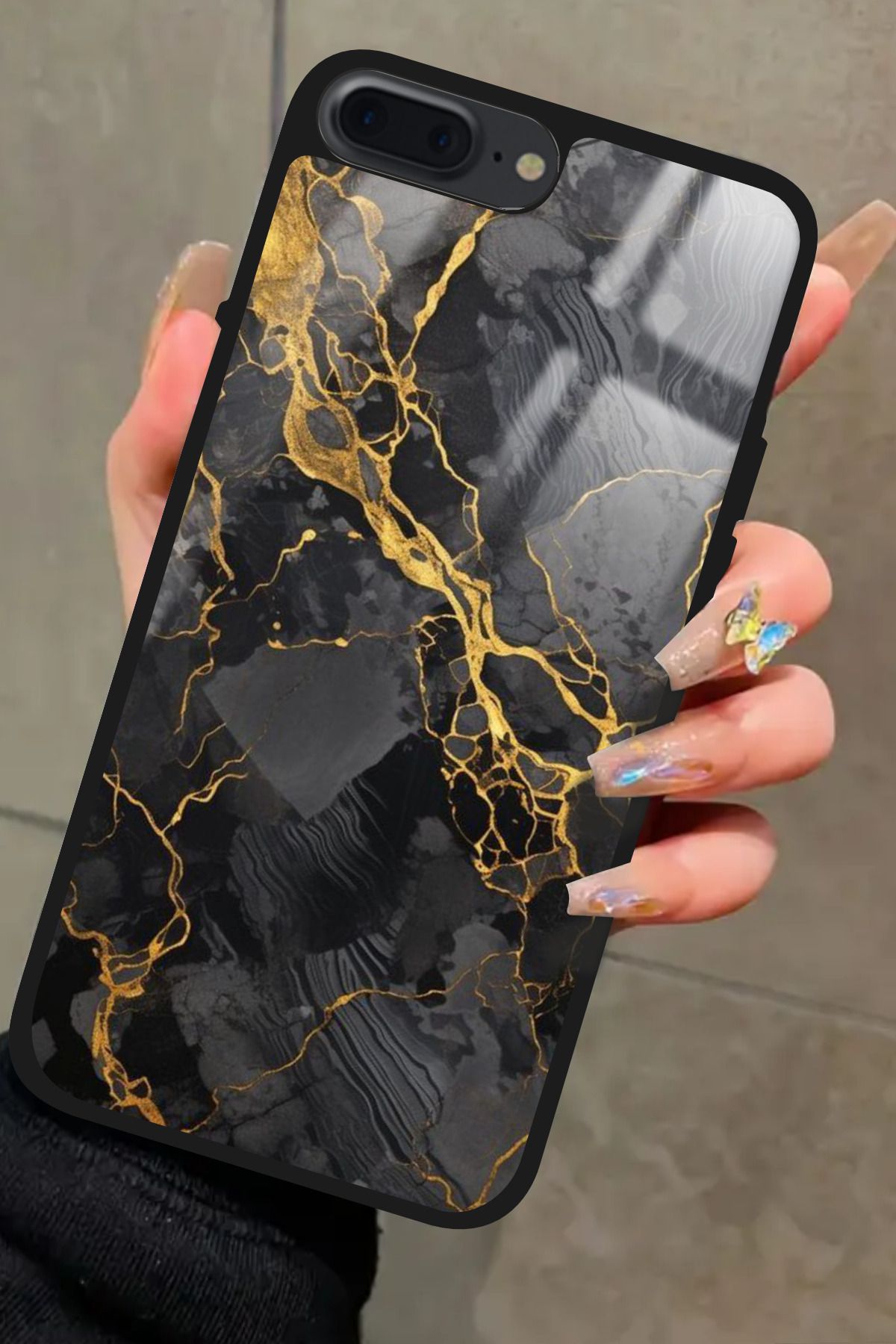 Snacase iPhone 8 Plus Uyumlu Siyah Mermer Tasarımlı Glossy Premium Kılıf