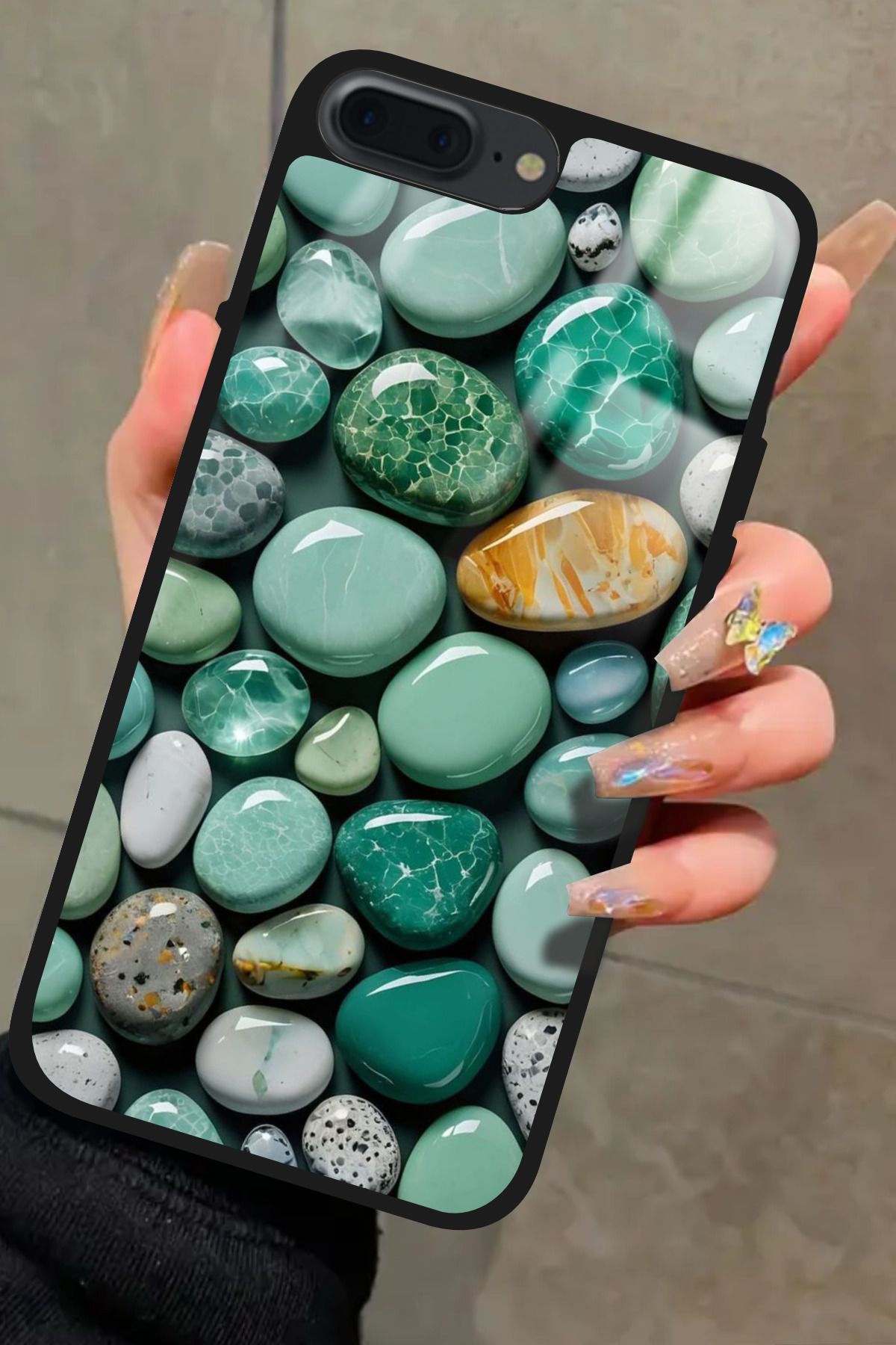 Snacase iPhone 8 Plus Uyumlu Yeşil Taş Tasarımlı Glossy Premium Kılıf