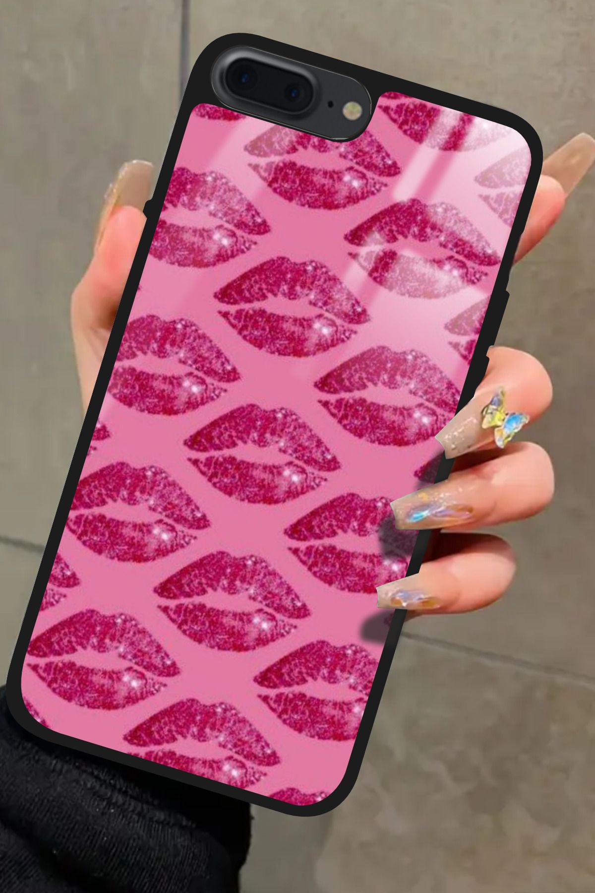 Snacase iPhone 7 Plus Uyumlu Pembe Dudak Tasarımlı Glossy Premium Kılıf