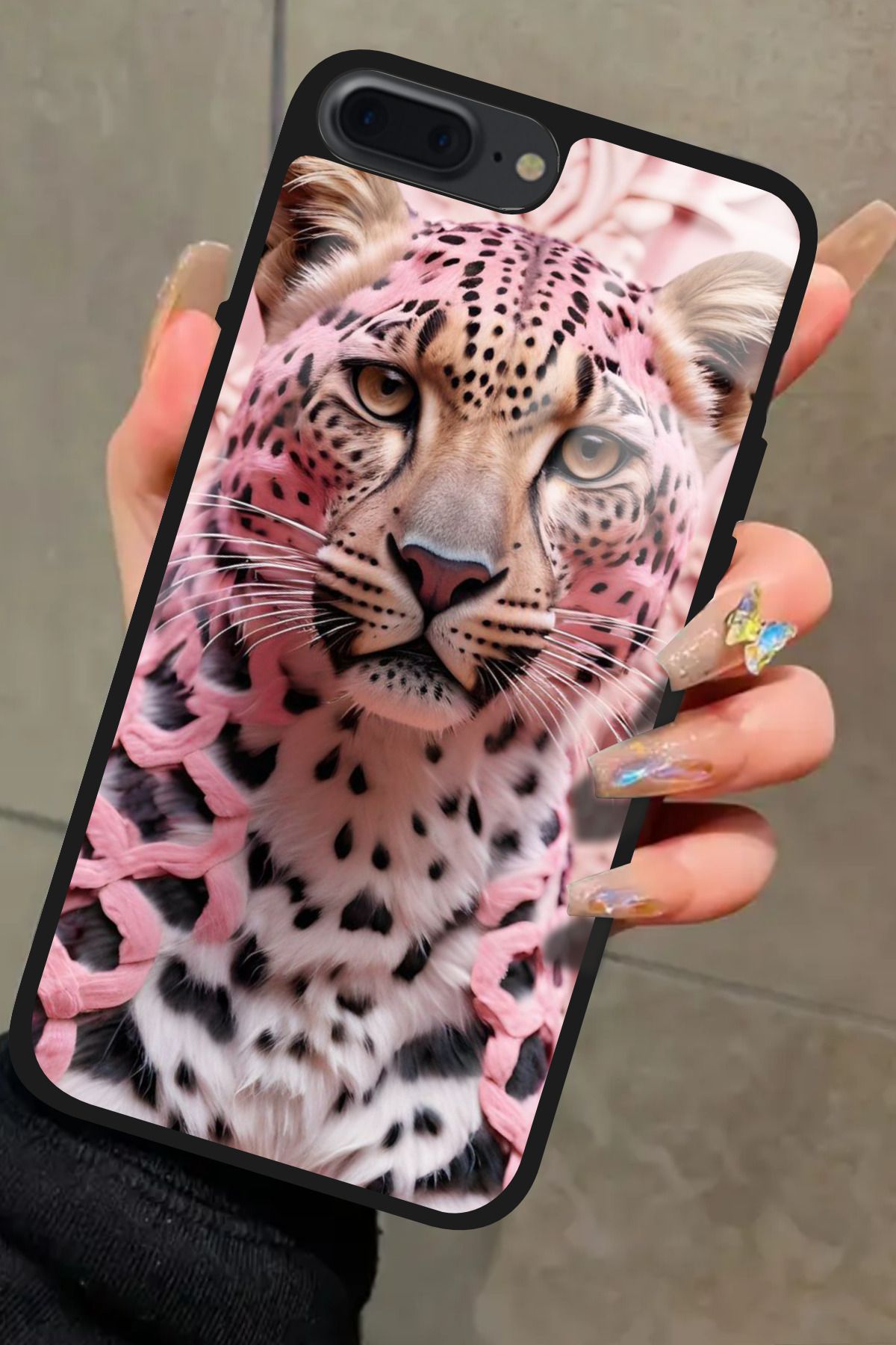 Snacase iPhone 8 Plus Uyumlu Pembe Kaplan Tasarımlı Glossy Premium Kılıf