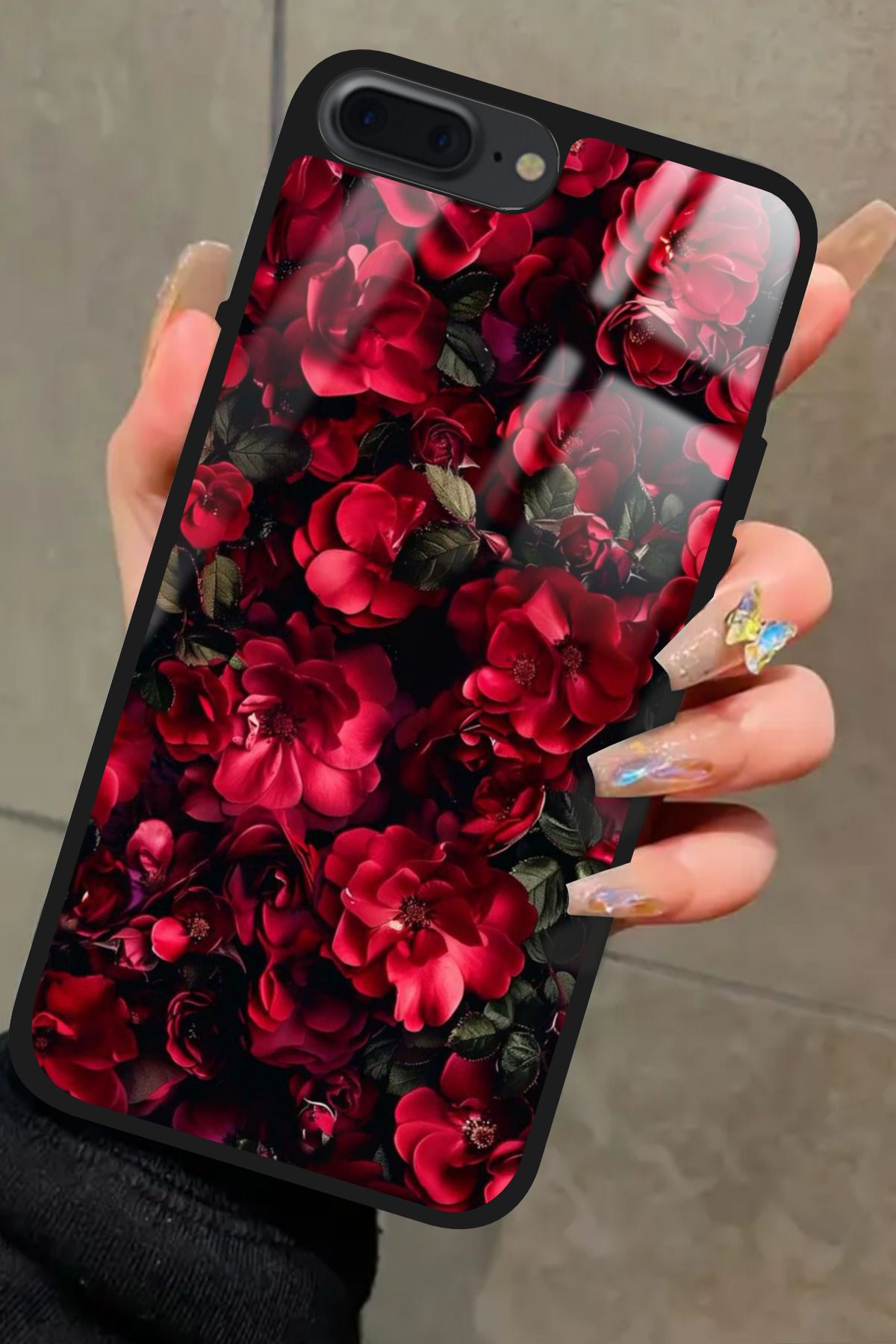 Snacase iPhone 8 Plus Uyumlu Kırmızı Çiçek Tasarımlı Glossy Premium Kılıf