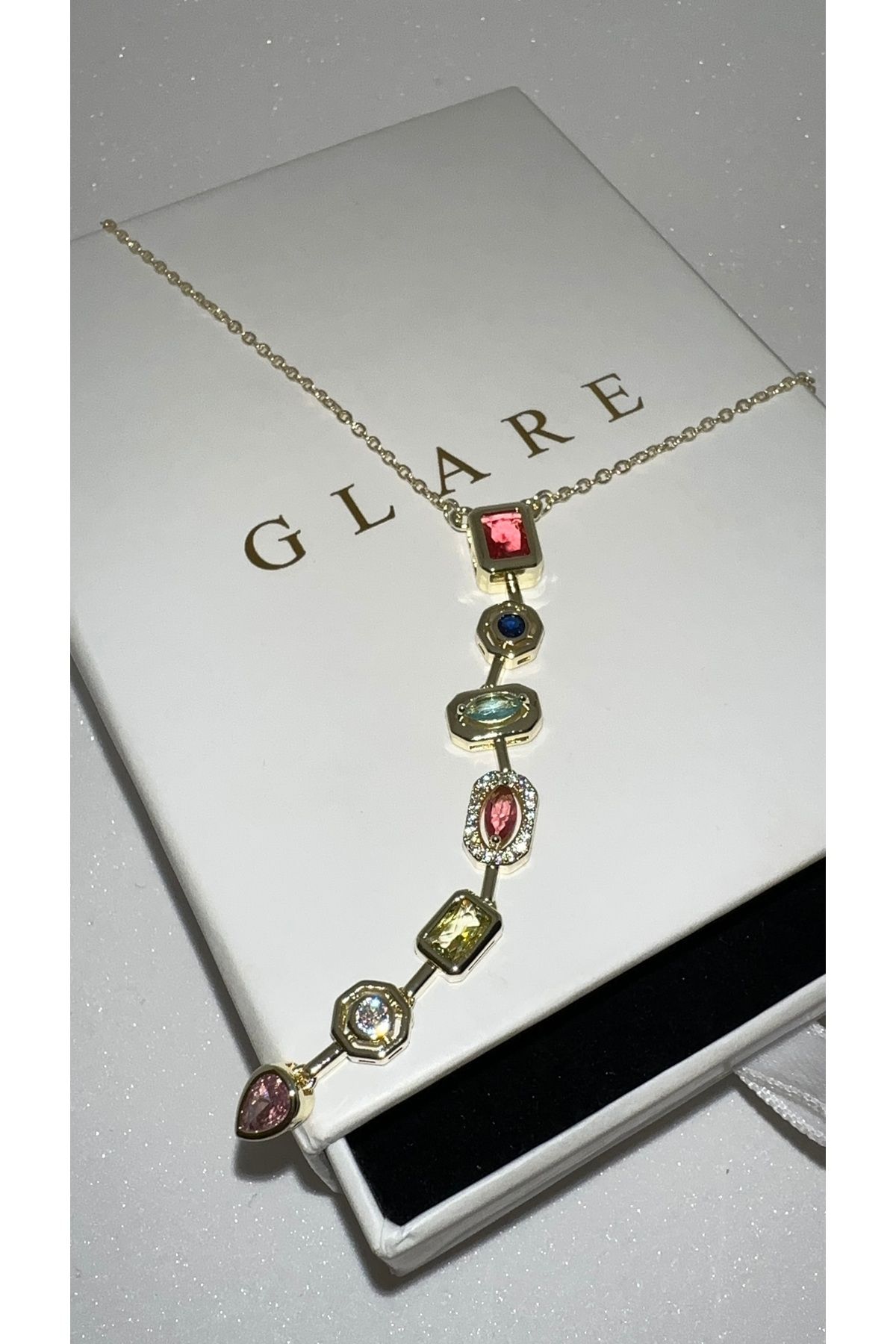 GLARE JEWELRY 7 Element Renkli Taşlı Y Model Zirkon Taş Gold Paslanmaz Çelik Kolye 4 Yıl Garantili
