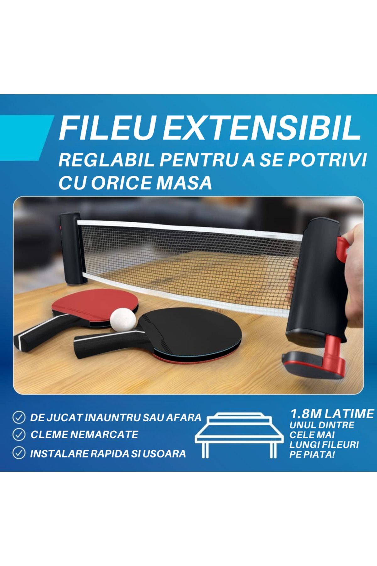 Vittalist-Complete Ping Pong Set, 4 Table Tennis Paddles, 8 Balls, Retractable Net and Carrying Bag, Red 3