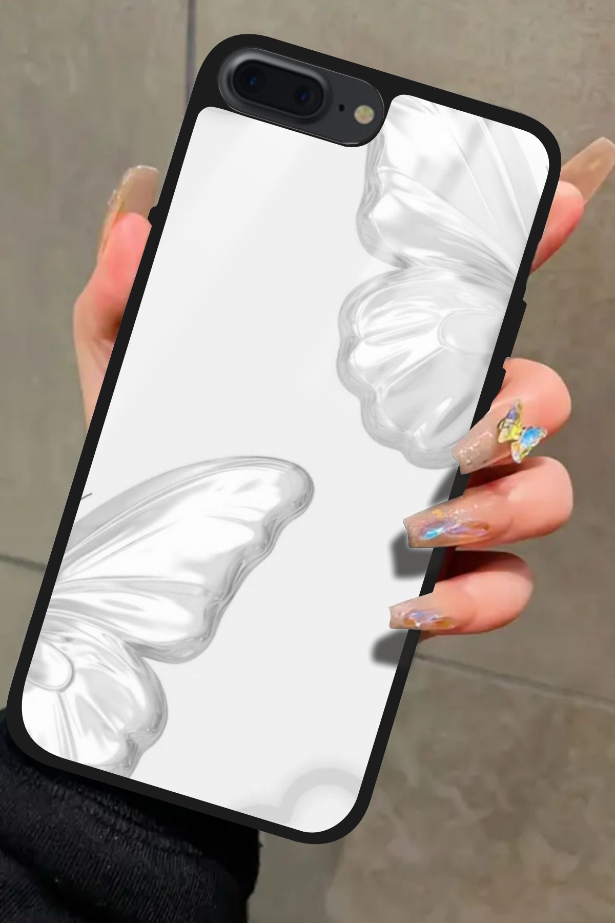 Snacase iPhone 7 Plus Uyumlu Beyaz Kelebek Tasarımlı Glossy Premium Kılıf