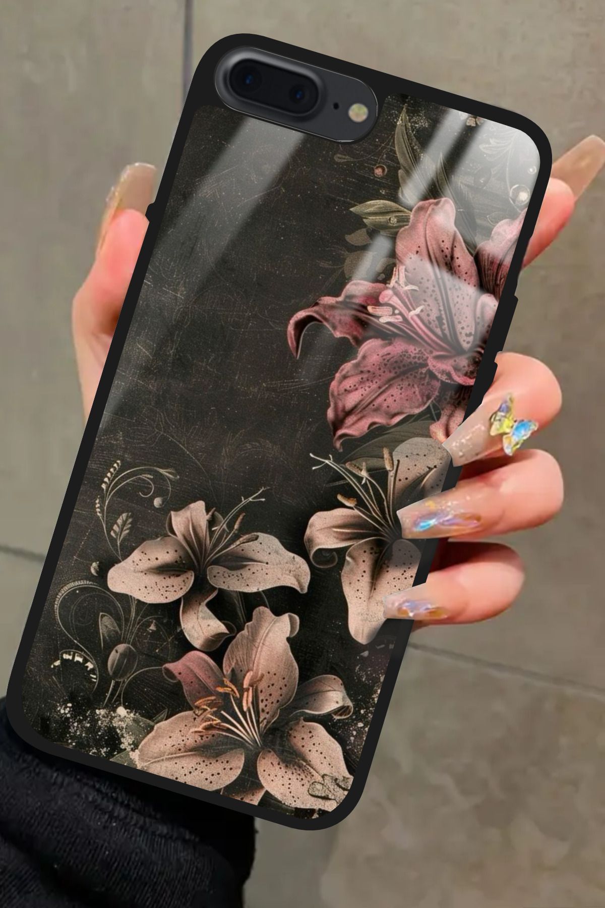 Snacase iPhone 8 Plus Uyumlu Pembe Çiçek Tasarımlı Glossy Premium Kılıf