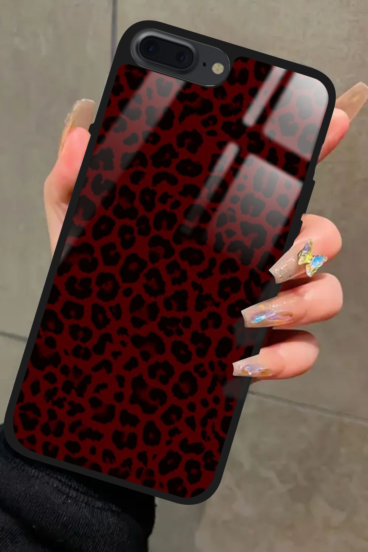 Snacase iPhone 8 Plus Uyumlu Bordo Leopar Tasarımlı Glossy Premium Kılıf