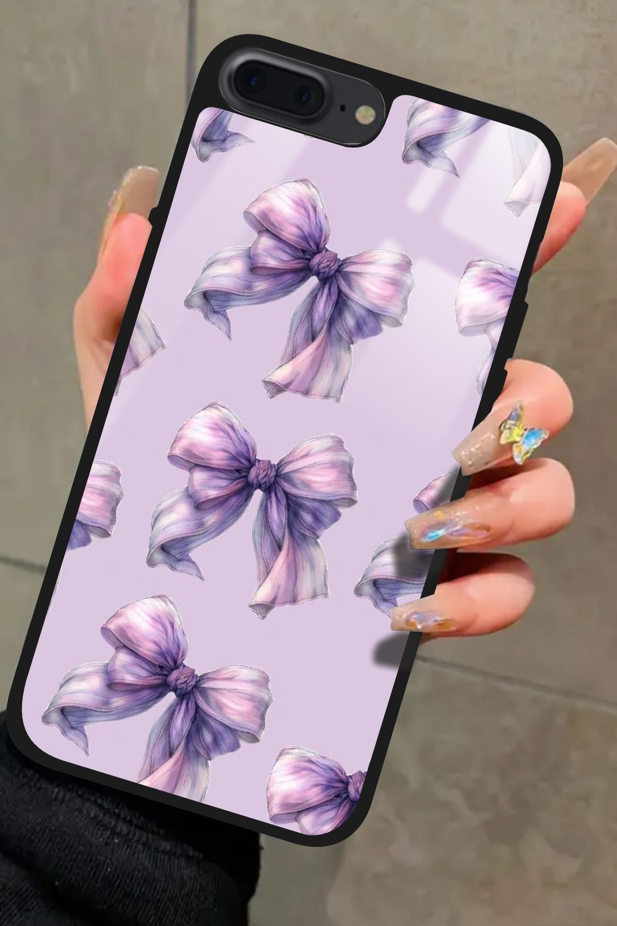 Snacase iPhone 8 Plus Uyumlu Mor Kurdele Tasarımlı Glossy Premium Kılıf