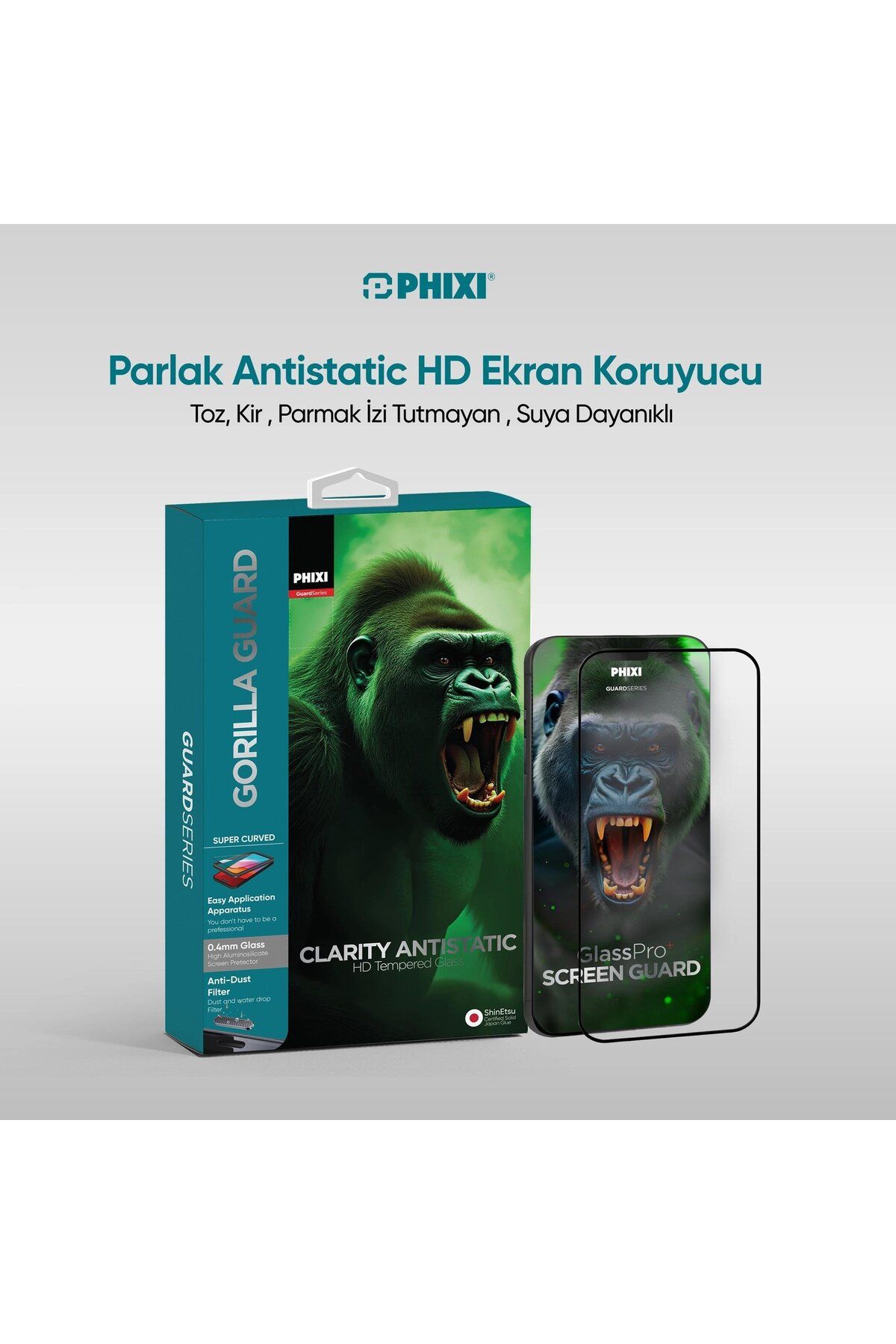 Phixi Gorilla Guard iPhone 15 Kırılmaz Cam – Tekrar Yapışabilir, Suyla Temizlenebilir, Ekran Koruyucu