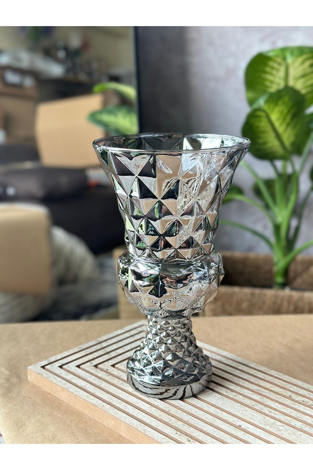 devigo Diamond Desenli Kristal Cam Vazo - 28x15 cm Modern & Lüks Dekoratif Büyük Boy Vazo