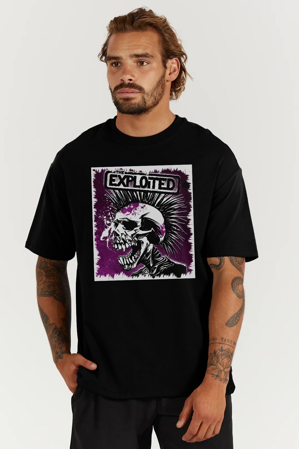 MODA Exploited Punk Baskılı Oversize Kalıp Siyah Geniş Bol Kesim Erkek Tişört