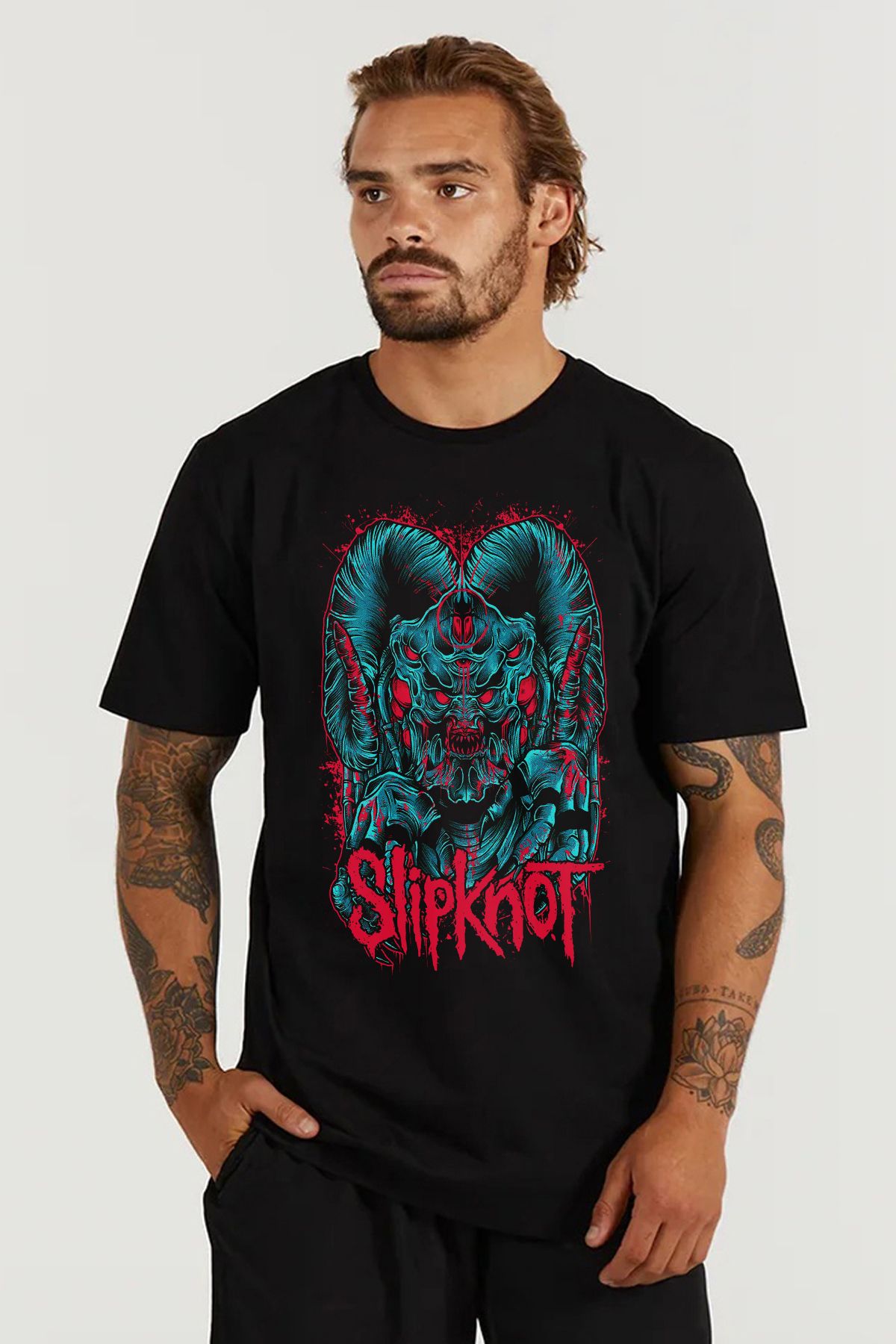 MODA Slipknot Heavy Metal Baskılı Oversize Kalıp Siyah Geniş Bol Kesim Erkek Tişört