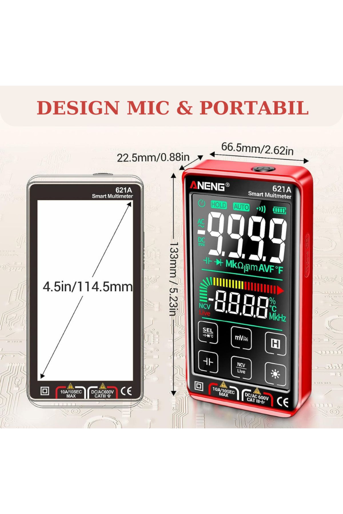 Vittalist-Digital Multimeter, Lcd Screen, Automatic Warning And Detection, Dc/ac Current Measurement, Red 7