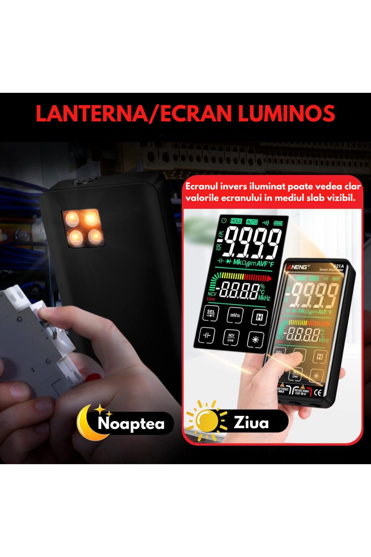 Vittalist-Multimetru digital, ecran LCD, avertizare și detectare automată, măsurare curent DC/AC, negru 2