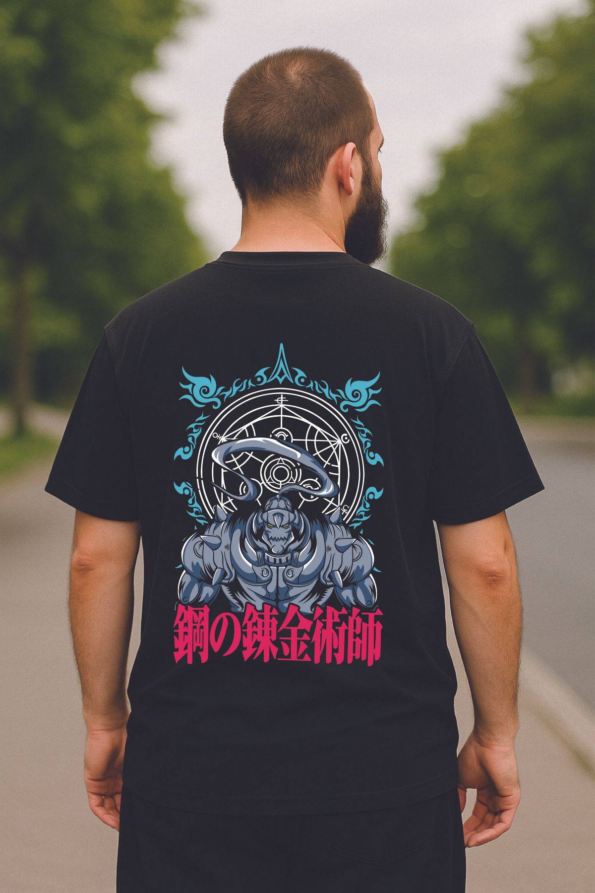 By Caspita Fashion Lenithra Fullmetal Alchemist Brotherhood Alphonse Sırt Baskılı Unisex Oversize Siyah T-shirt