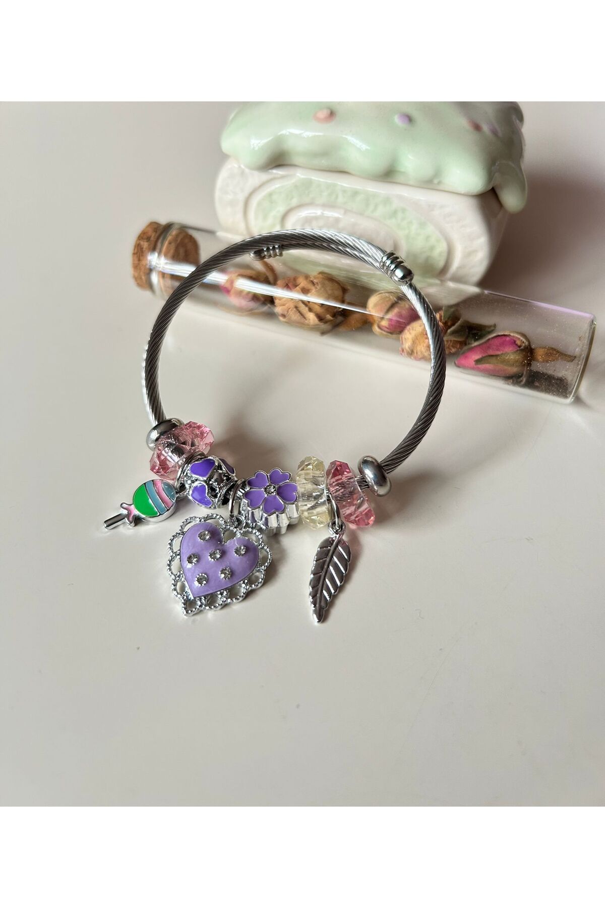 Cheecky Chic İpekish | Mor Zirkon Taşlı Kalpli Silver Charm Bileklik | Ayarlanabilir & Işıltılı Stil