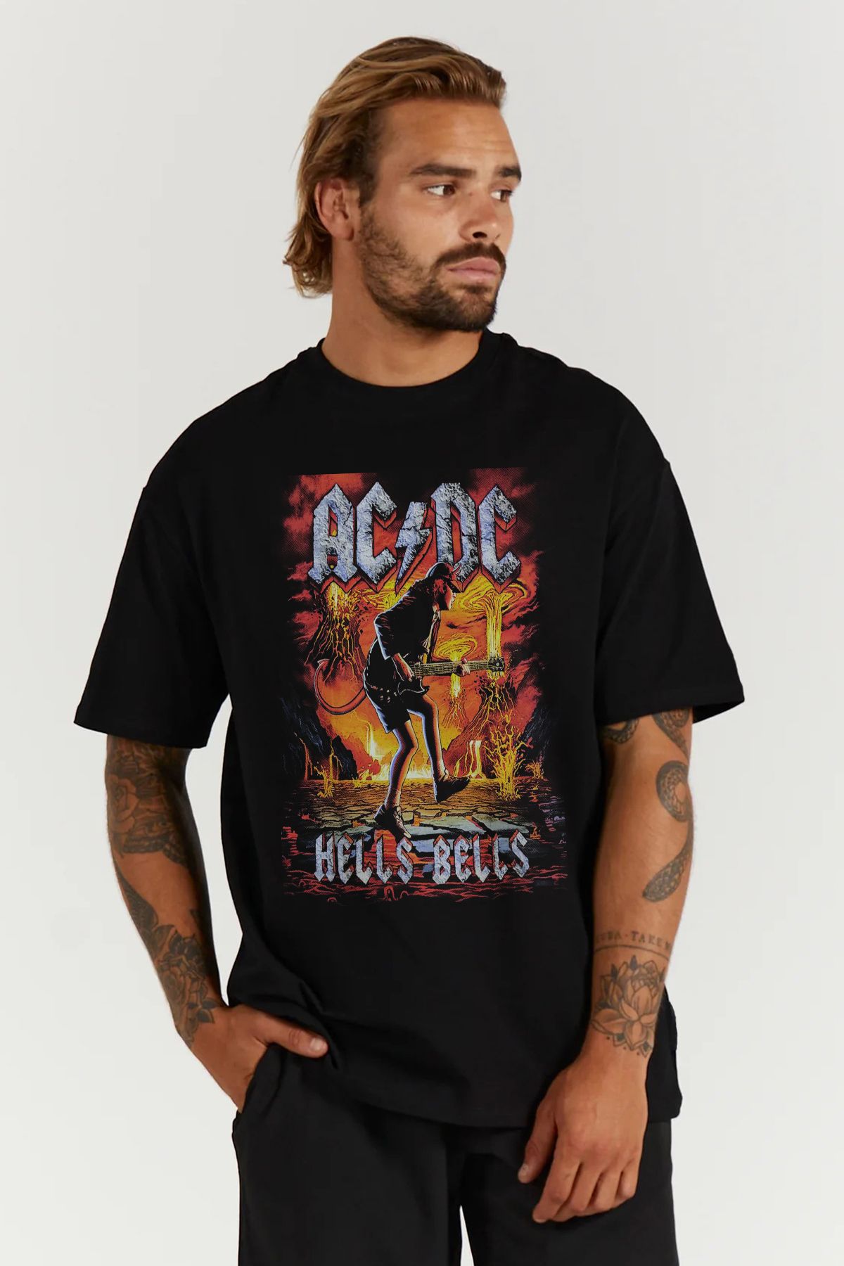 MODA ACDC Heavy Metal Hard Rock Baskılı Oversize Kalıp Siyah Geniş Bol Kesim Erkek Tişört