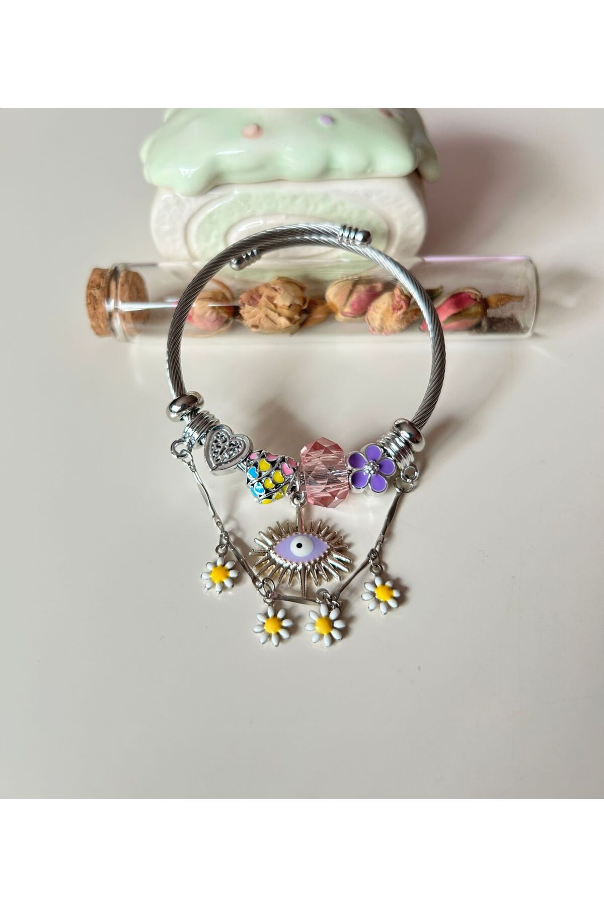 Cheecky Chic İpekish | Paslanmaz Çelik Silver Charm Bileklik | Nazar Boncuğu & Papatya Sallantılı