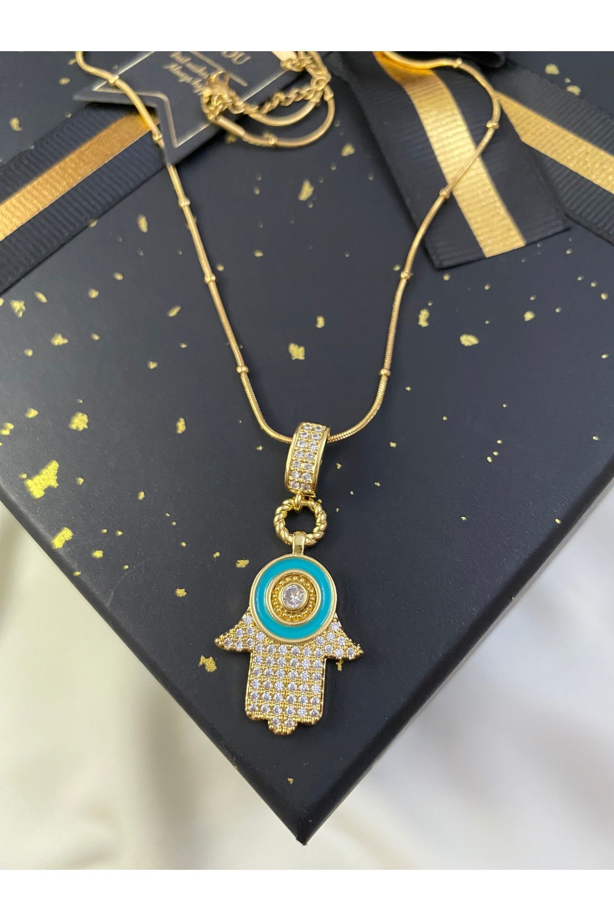 asem jewelry ZİRKON TAŞLI FİRUZE EMAYELİ FATMA ANA ELİ ÇELİK KOLYE