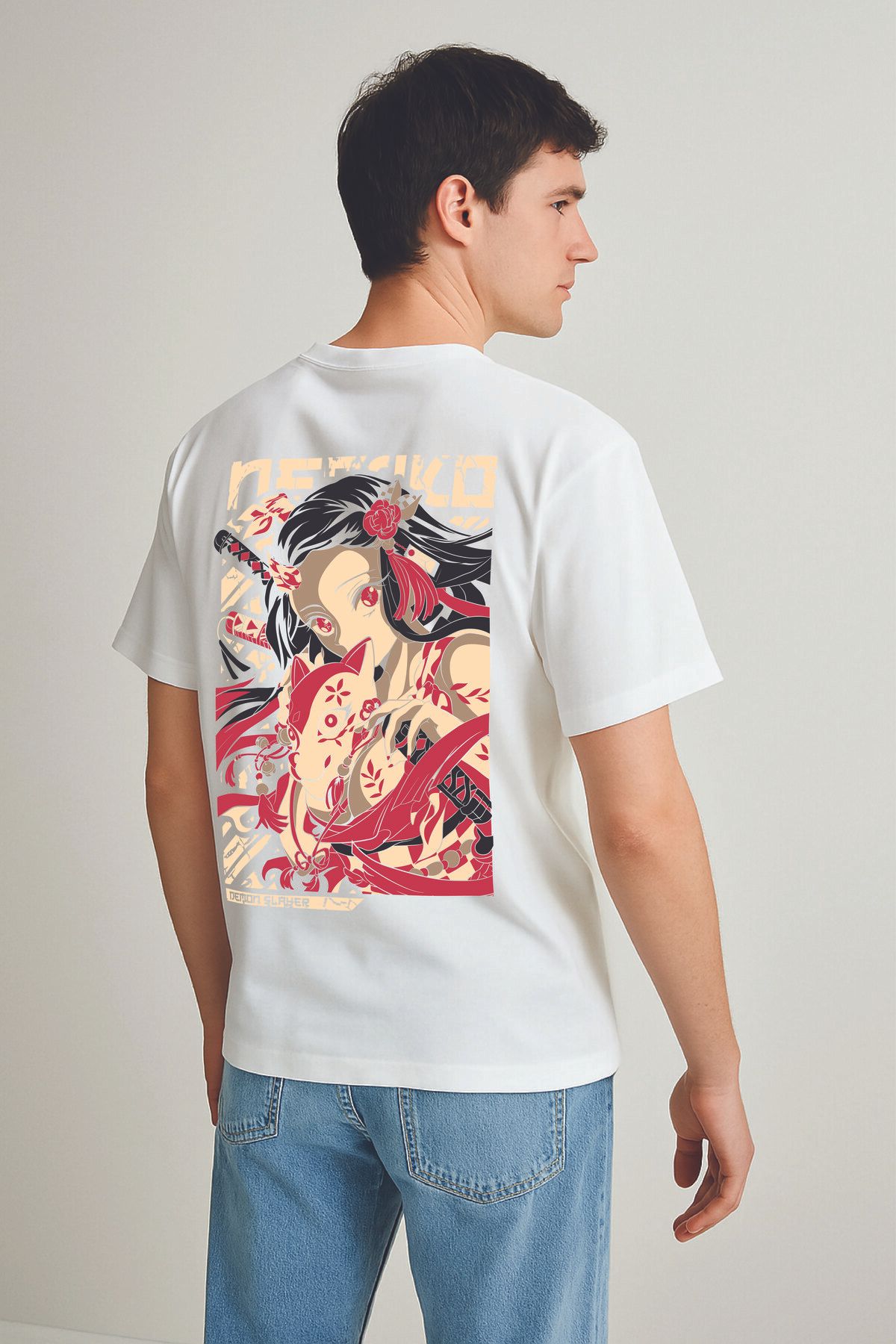 By Caspita Fashion Lenithra Demon Slayer Nezuko Kamado Anime Sırt Baskılı Unisex Oversize Beyaz T-shirt