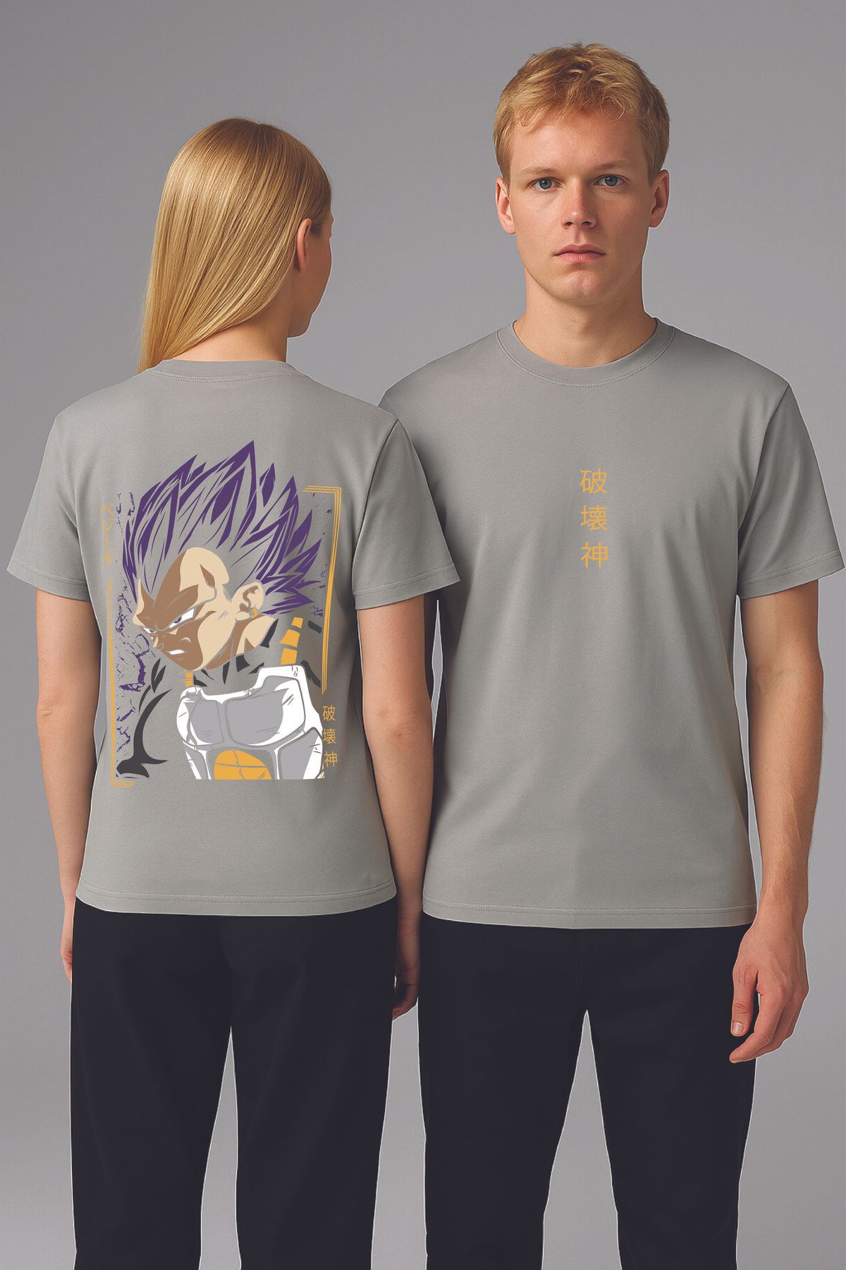 By Caspita Fashion Lenithra Dragon Ball Vegeta Anime Sırt Baskılı Unisex Oversize Gri T-shirt