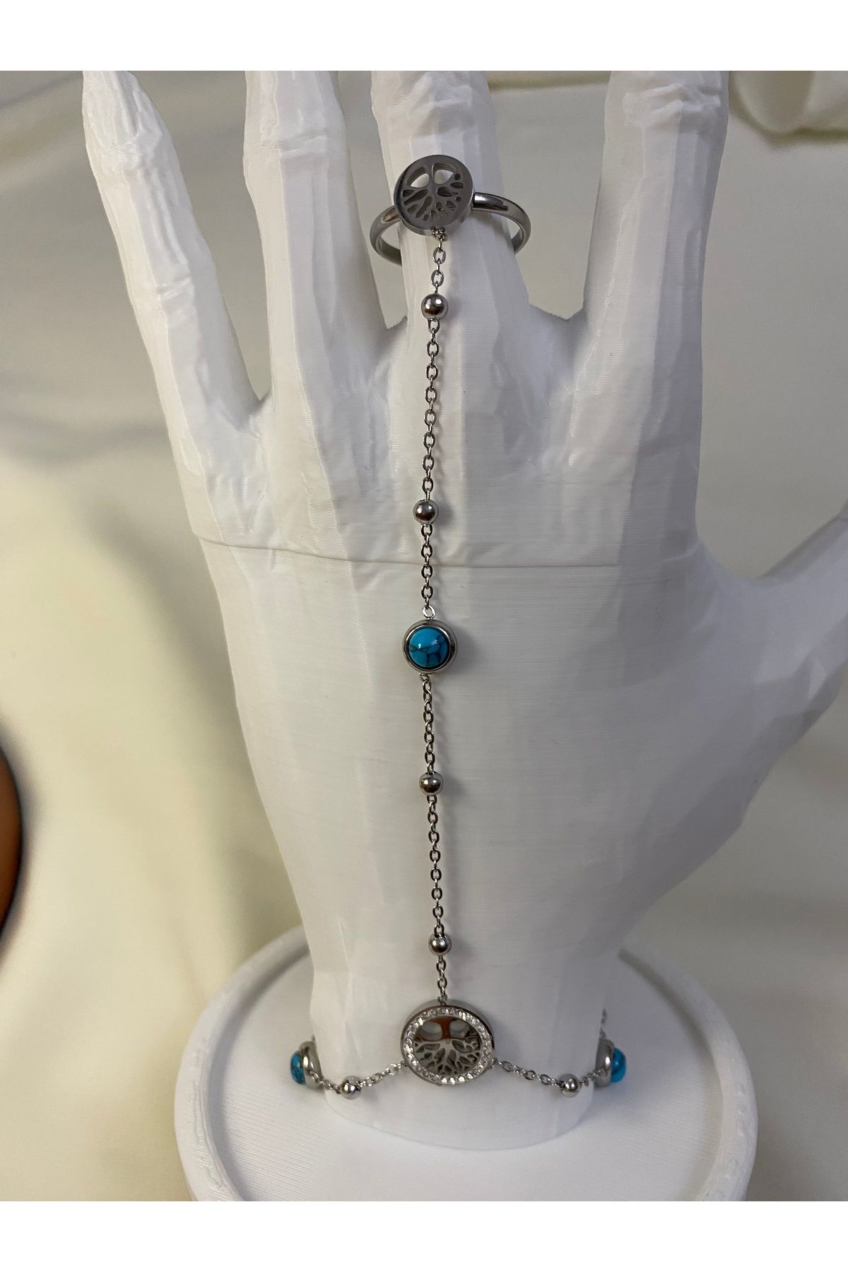 asem jewelry HAYAT AĞACI DETAYLI FİRUZE TAŞLI ÇELİK ŞAHMERAN