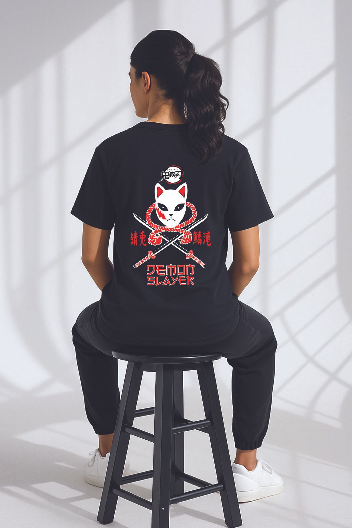 By Caspita Fashion Lenithra Demon Slayer Anime Sırt Baskılı Unisex Oversize Siyah T-shirt