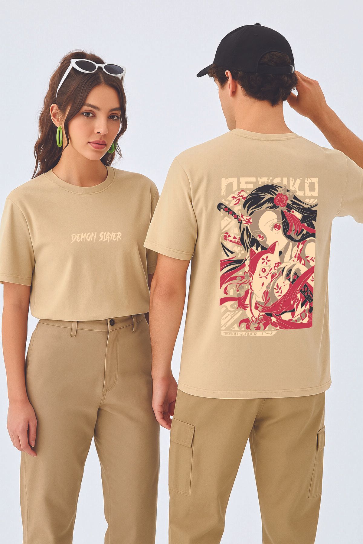 By Caspita Fashion Lenithra Demon Slayer Nezuko Kamado Anime Sırt Baskılı Unisex Oversize Bej T-shirt