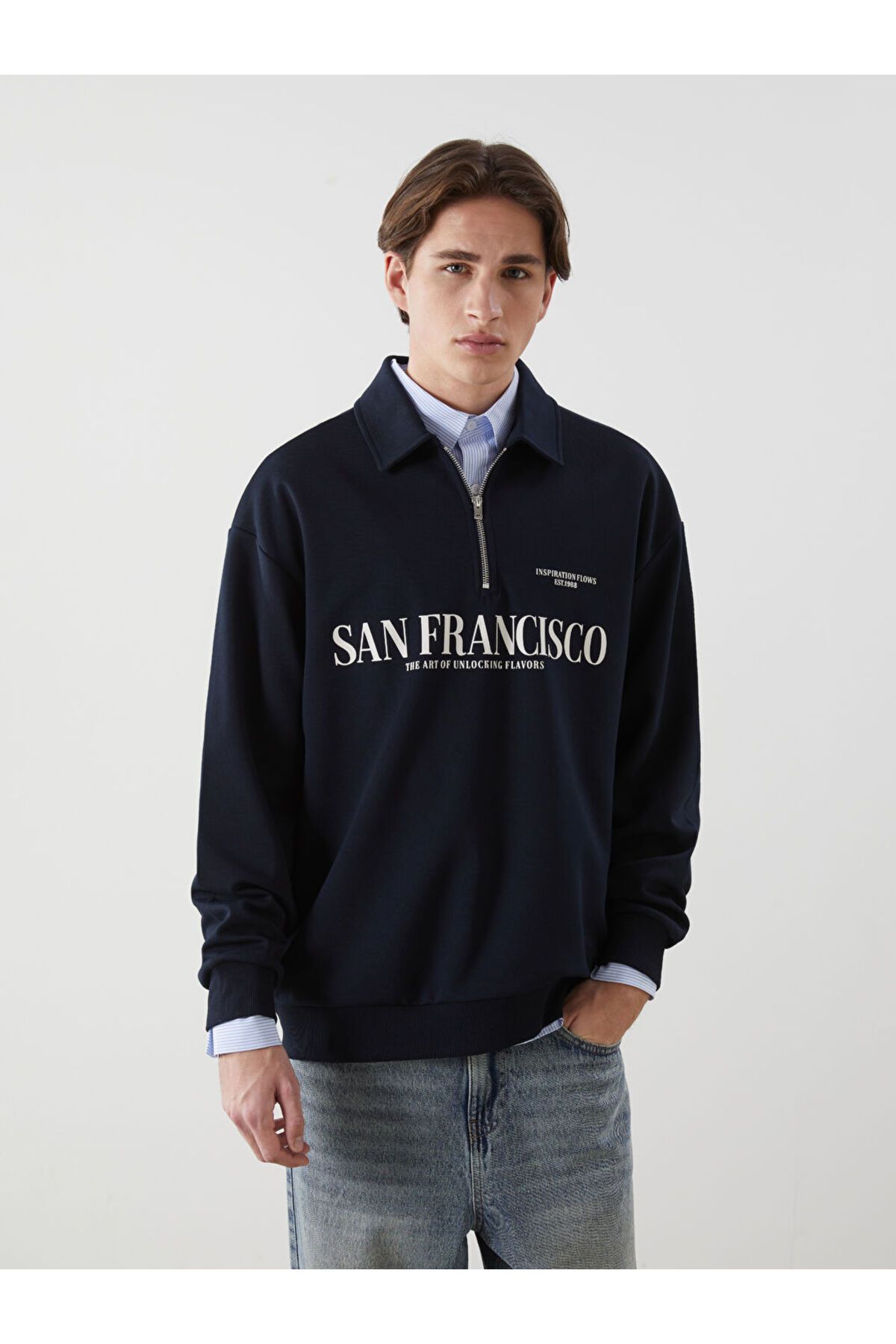 LC Waikiki Polo Yaka Uzun Kollu Baskılı Erkek Sweatshirt